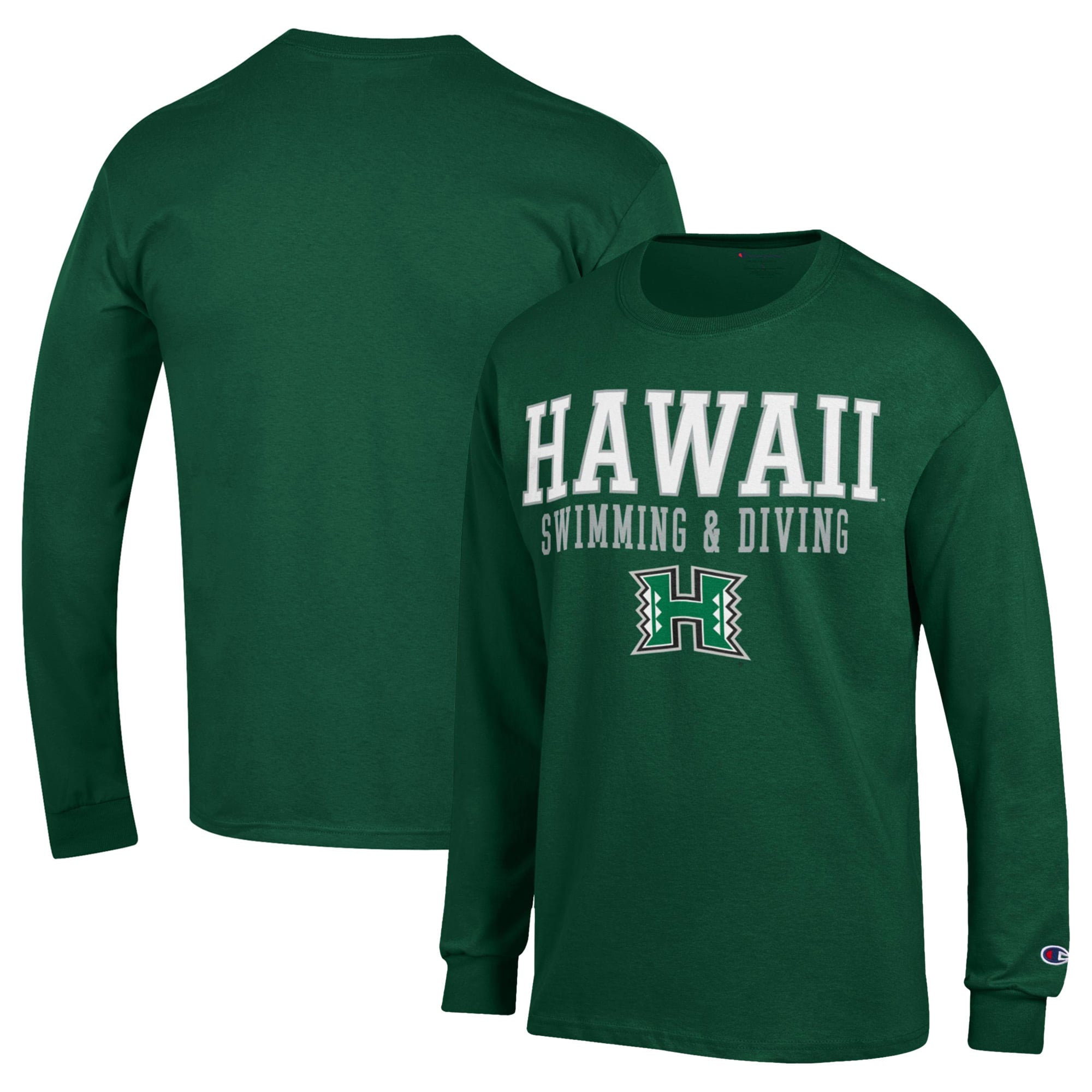 Men's Champion  Green Hawaii Rainbow Warriors Stacked Swim & Dive Long Sleeve T-Shirt