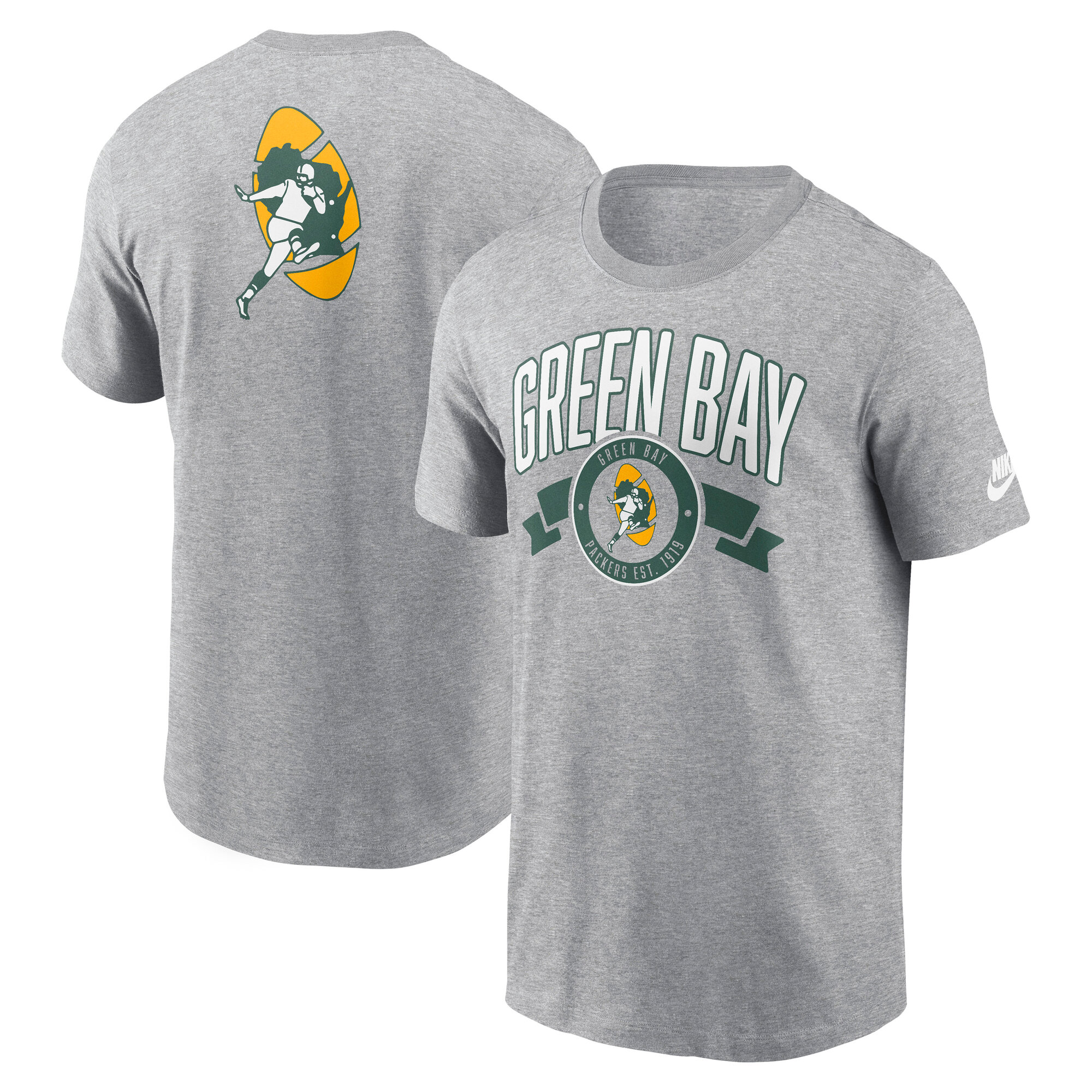 Men's Nike Heather Gray Green Bay Packers Rewind Front and Back Hit Essential T-Shirt