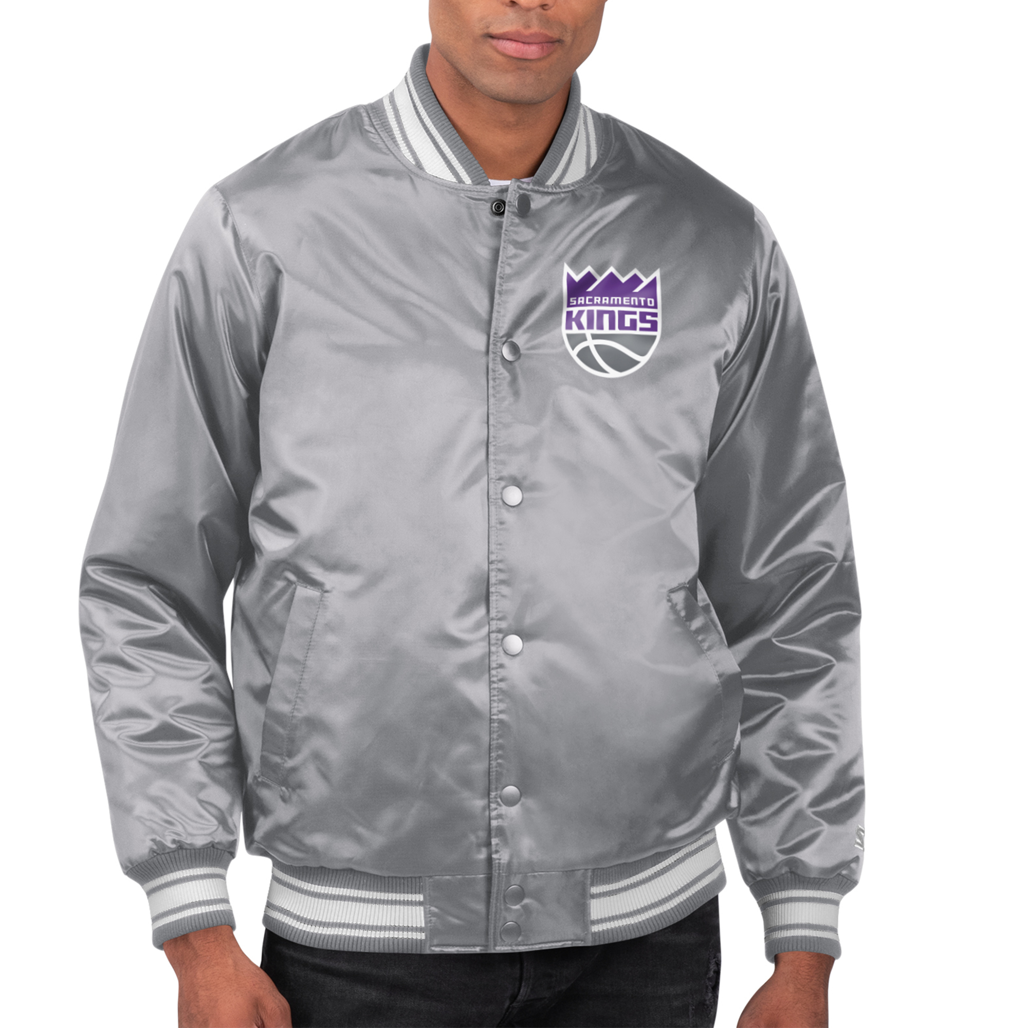 Men's Starter Gray Sacramento Kings Printed Team Name Satin Varsity Full-Snap Jacket