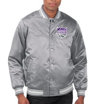 Men's Starter Gray Sacramento Kings Printed Team Name Satin Varsity Full-Snap Jacket