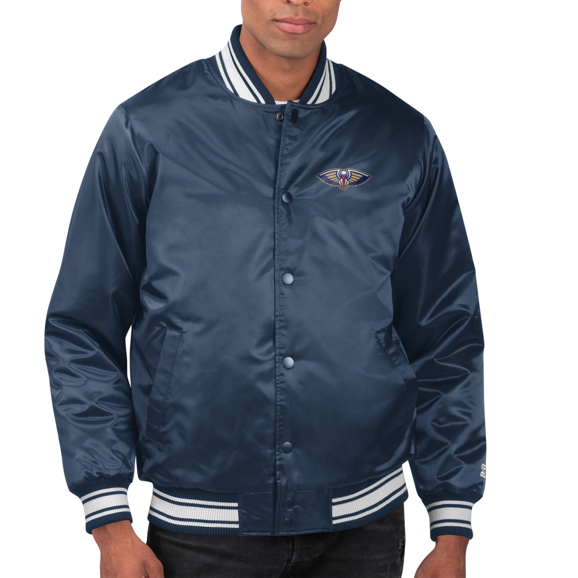 Men's Starter Navy New Orleans Pelicans Printed Team Name Satin Varsity Full-Snap Jacket
