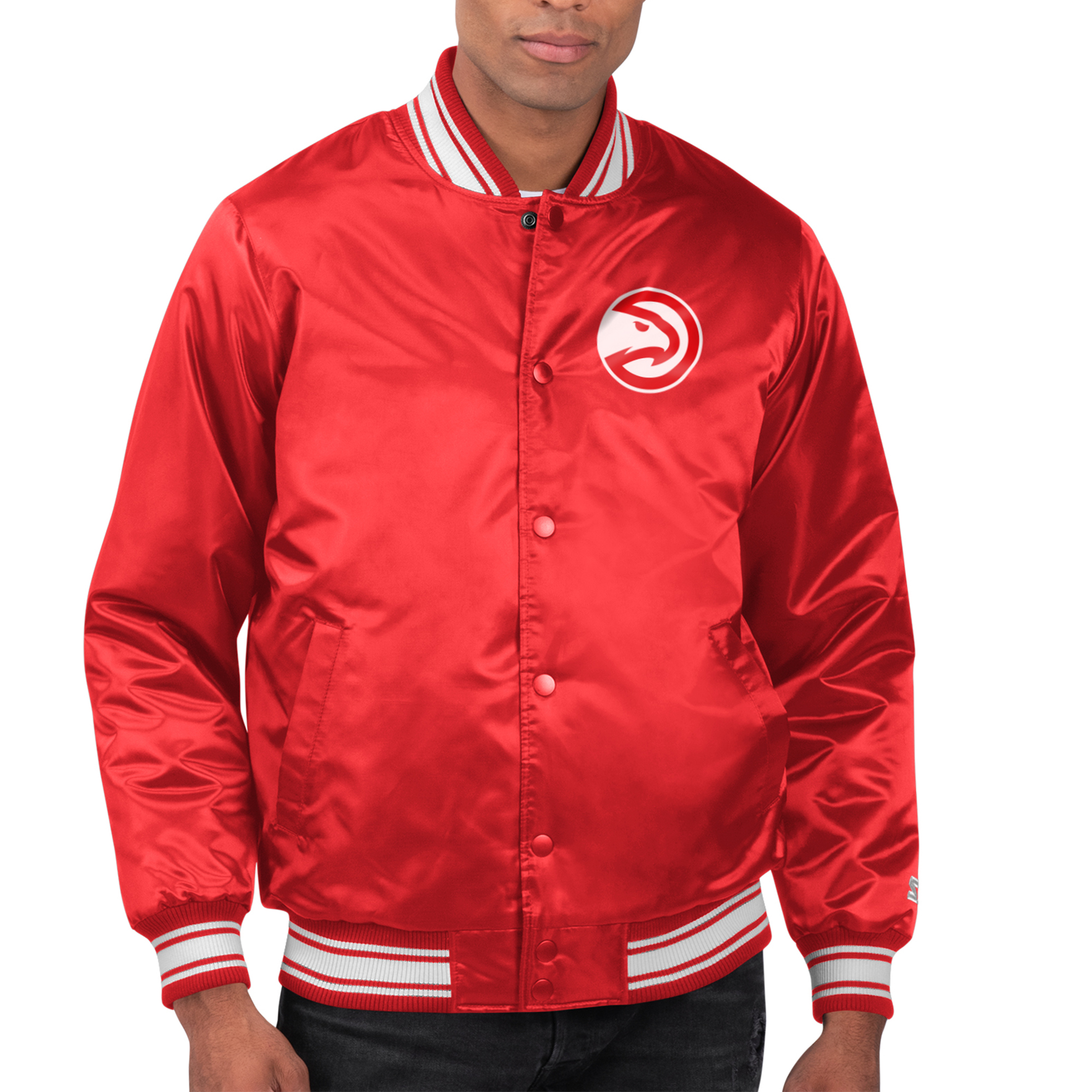 Men's Starter Red Atlanta Hawks Printed Team Name Satin Varsity Full-Snap Jacket