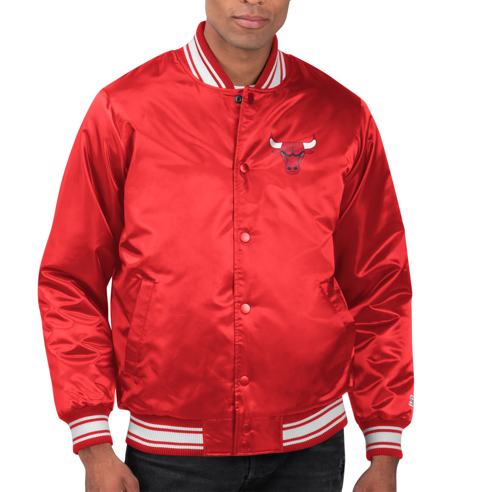 Men's Starter Red Chicago Bulls Printed Team Name Satin Varsity Full-Snap Jacket