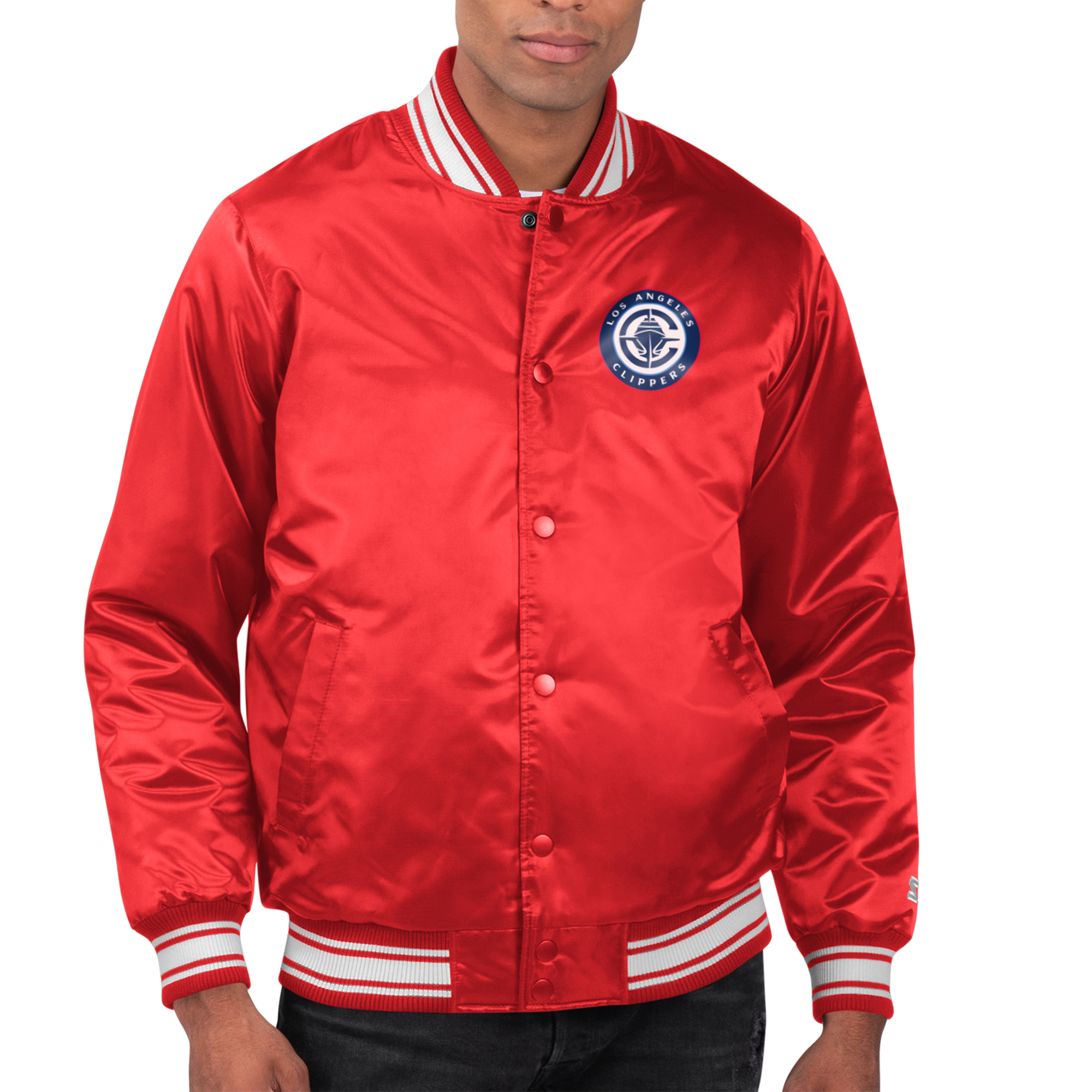 Men's Starter Red LA Clippers Printed Team Name Satin Varsity Full-Snap Jacket