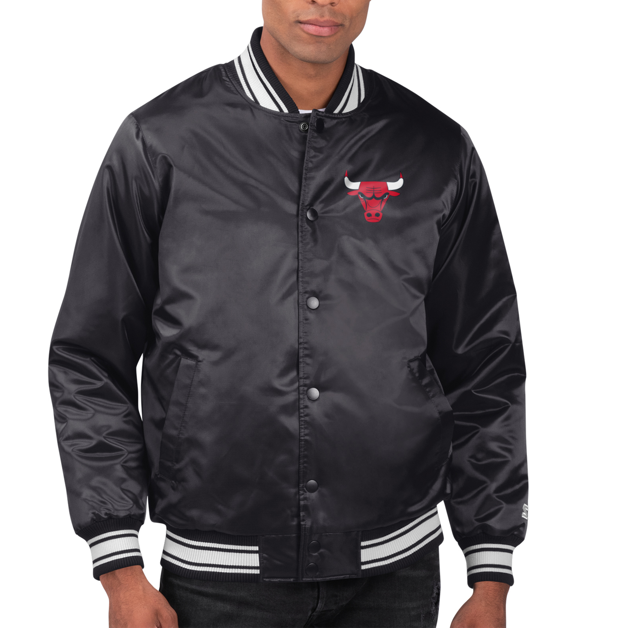 Men's Starter Black Chicago Bulls Printed Team Name Satin Varsity Full-Snap Jacket