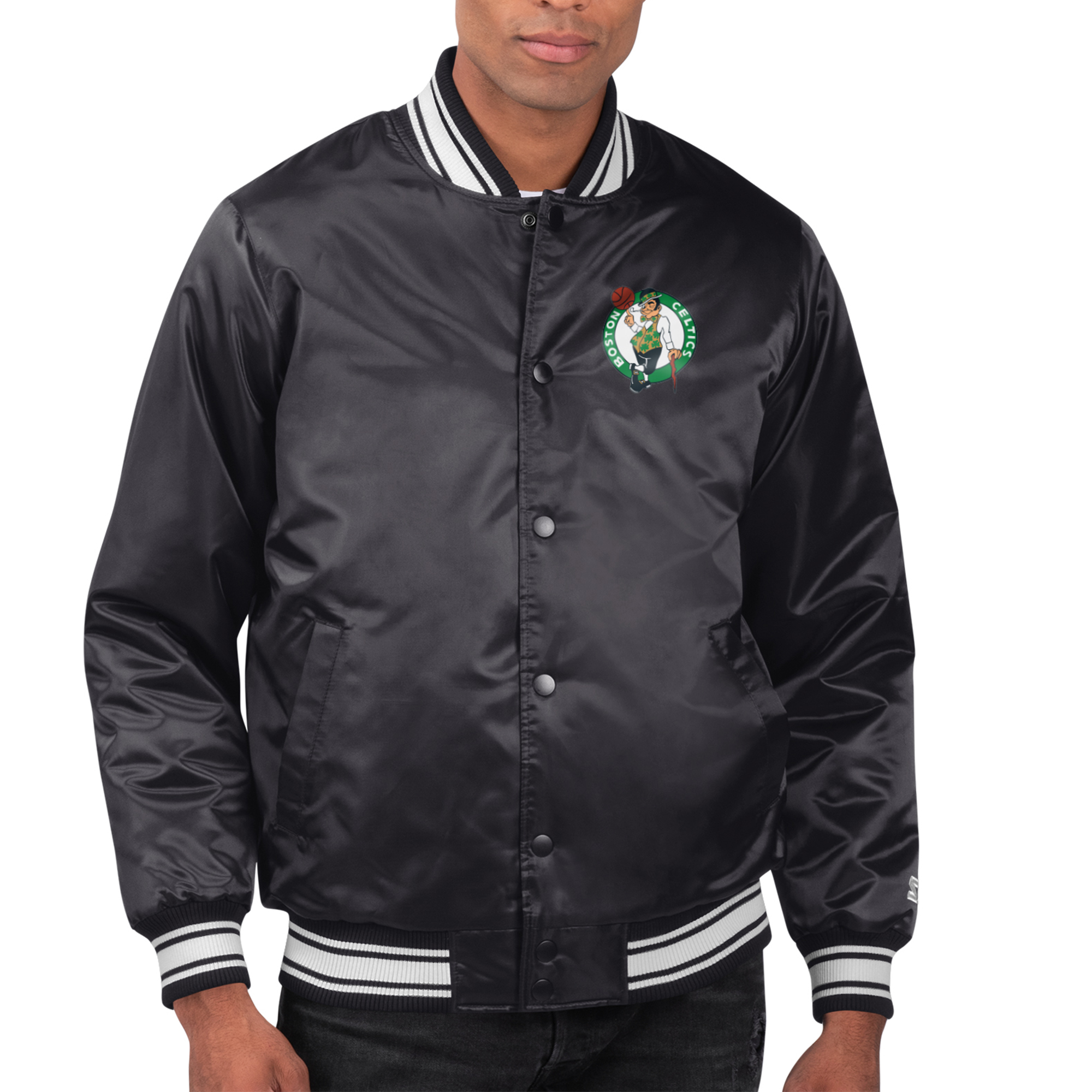 Men's Starter Black Boston Celtics Printed Team Name Satin Varsity Full-Snap Jacket