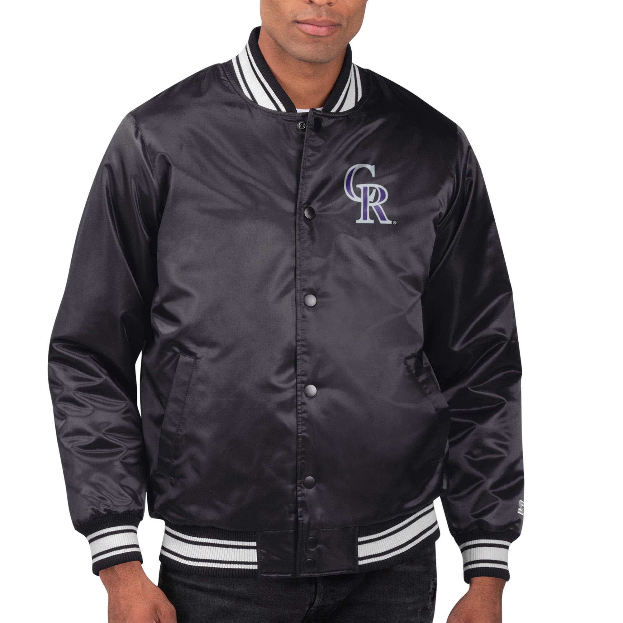 Men's Starter Black Colorado Rockies Printed Team Logo Satin Varsity Full-Snap Jacket