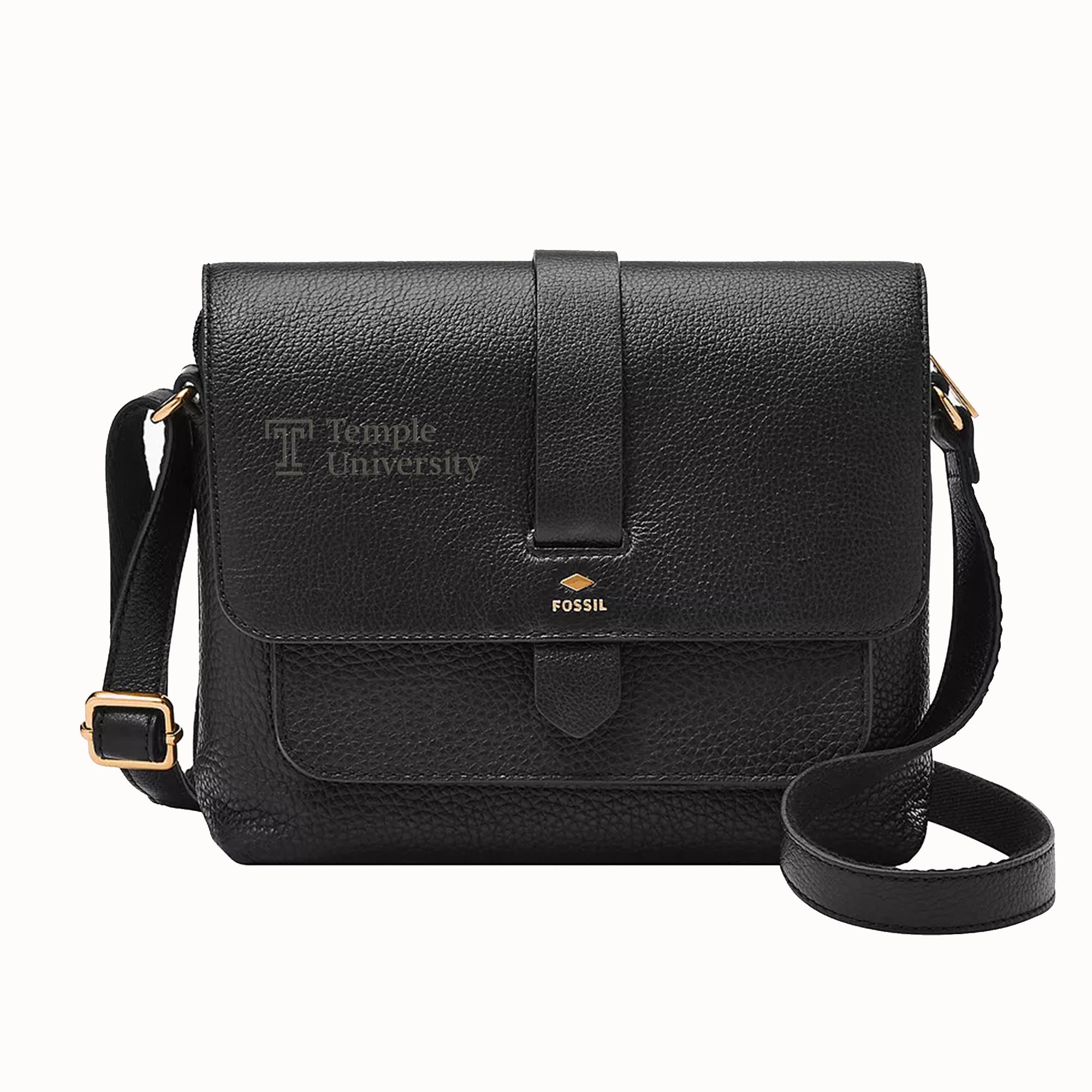 Fossil Black Temple Owls Kinley Leather Small Crossbody Bag