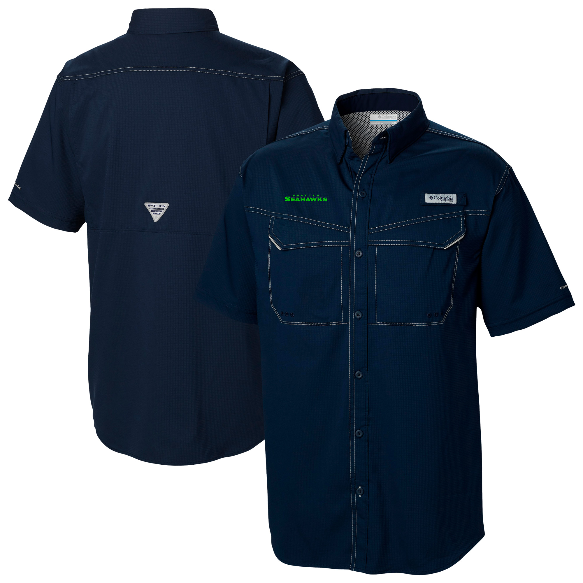 Men's Columbia College Navy Seattle Seahawks Low Drag Offshore Omni-Wick Button-Up Shirt