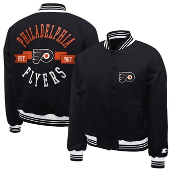Women's Starter  Black Philadelphia Flyers Printed Round Team Logo Satin Varsity Full-Snap Jacket