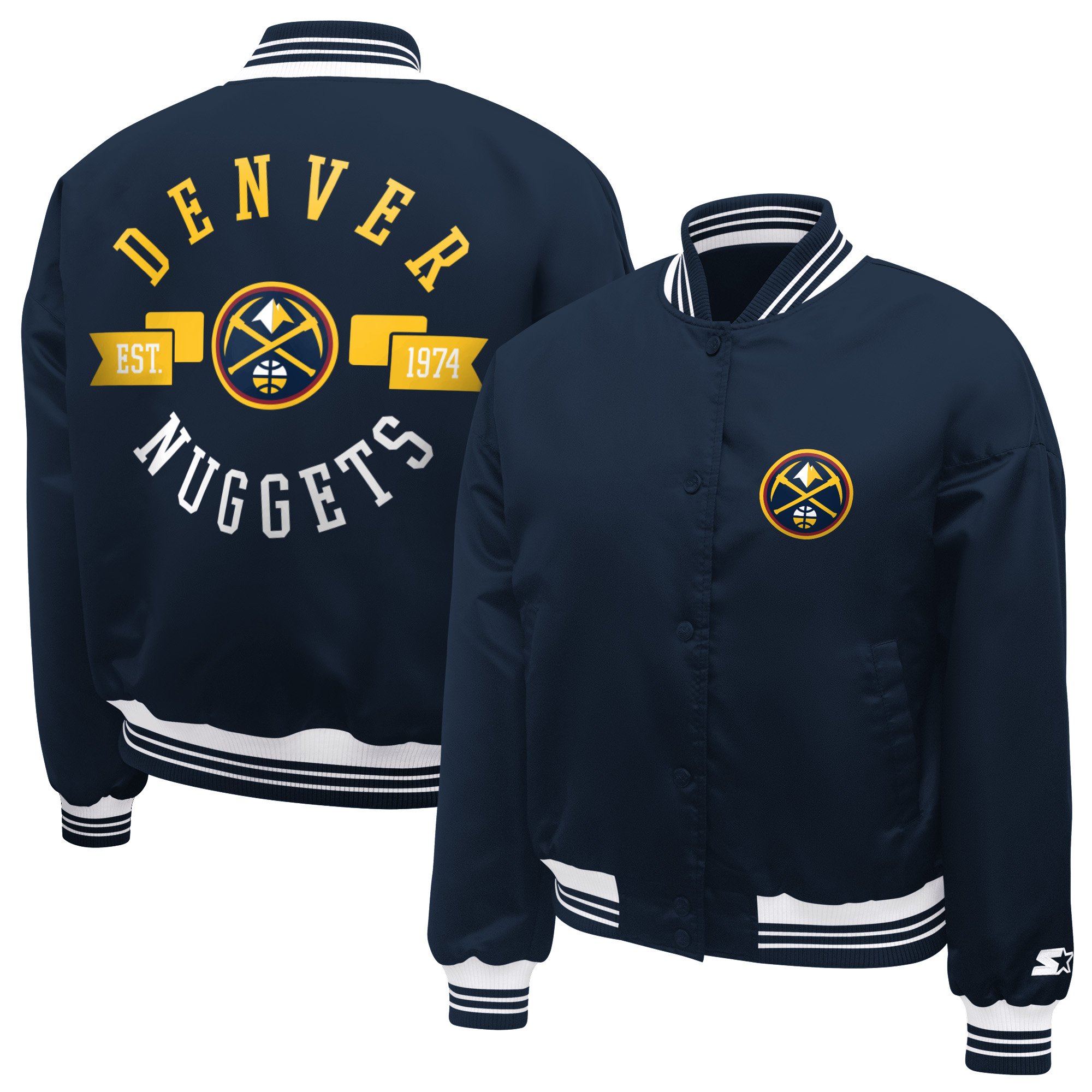 Women's Starter  Navy Denver Nuggets Printed Logo Cropped Satin Varsity Full-Snap Jacket