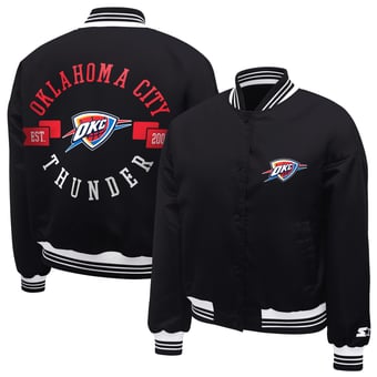Women's Starter  Black Oklahoma City Thunder Printed Logo Cropped Satin Varsity Full-Snap Jacket