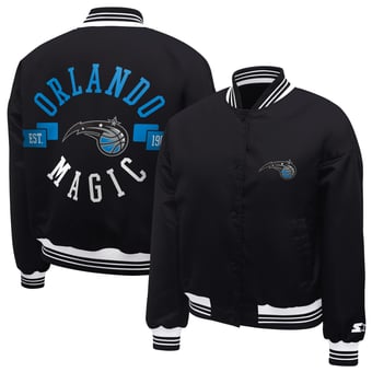 Women's Starter  Black Orlando Magic Printed Logo Cropped Satin Varsity Full-Snap Jacket