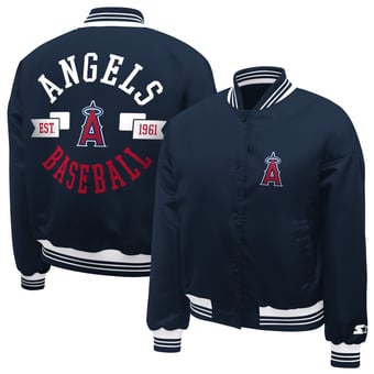Women's Starter  Navy Los Angeles Angels Printed Logo Cropped Satin Varsity Full-Snap Jacket