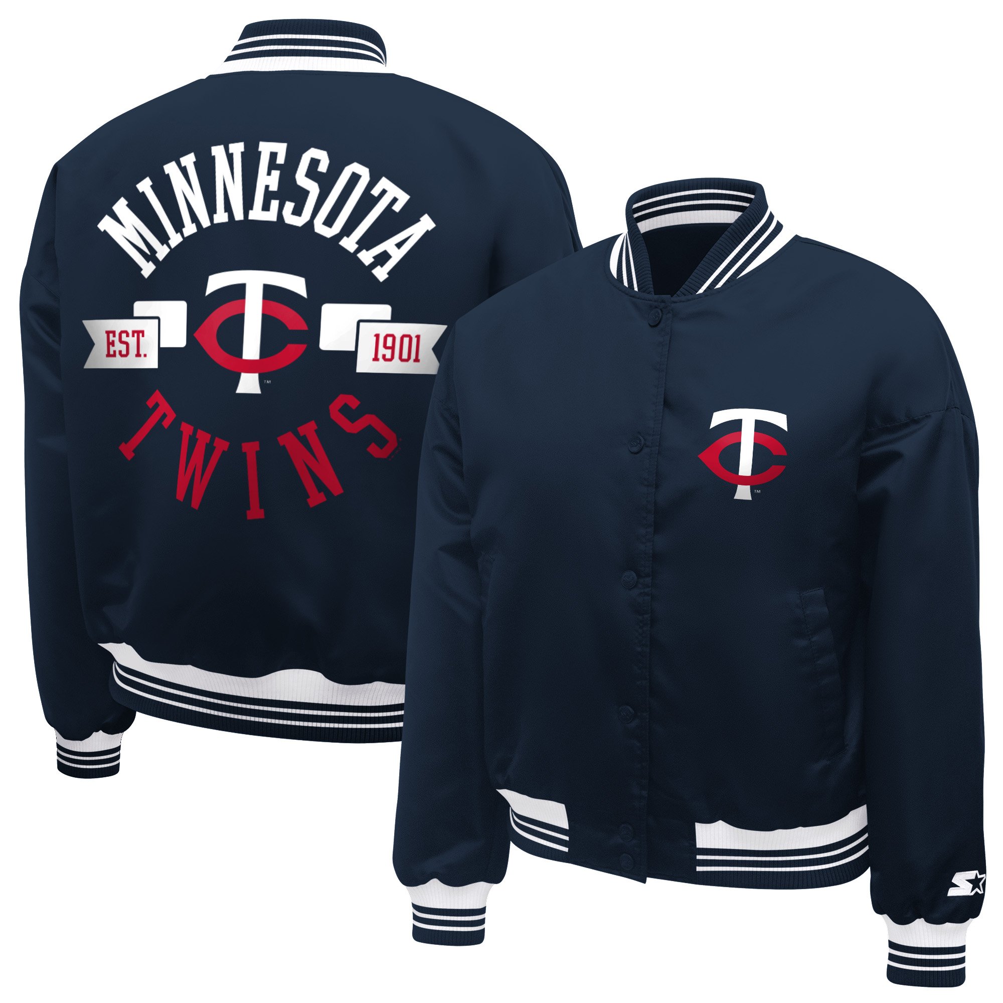 Women's Starter  Navy Minnesota Twins Printed Logo Cropped Satin Varsity Full-Snap Jacket