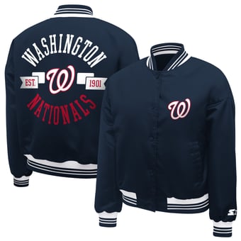 Women's Starter  Navy Washington Nationals Printed Logo Cropped Satin Varsity Full-Snap Jacket