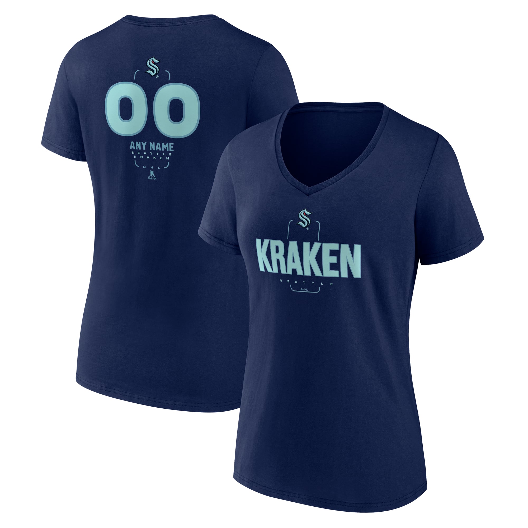 Women's Deep Sea Blue Seattle Kraken Personalized Name & Number Midfielder V-Neck T-Shirt