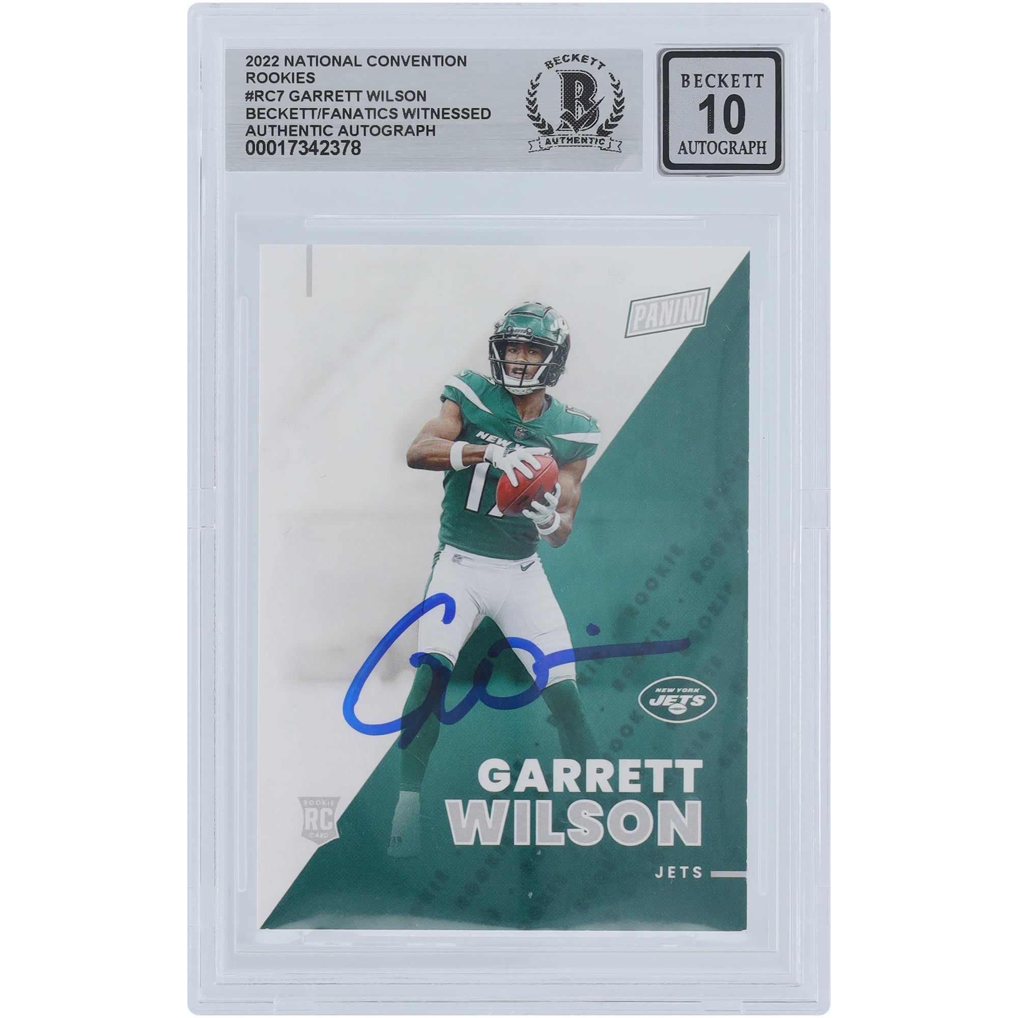 Garrett Wilson New York Jets Autographed 2022 Panini The National #RC7 #/499 Beckett Fanatics Witnessed Authenticated 10 Rookie Card. rookie card picture