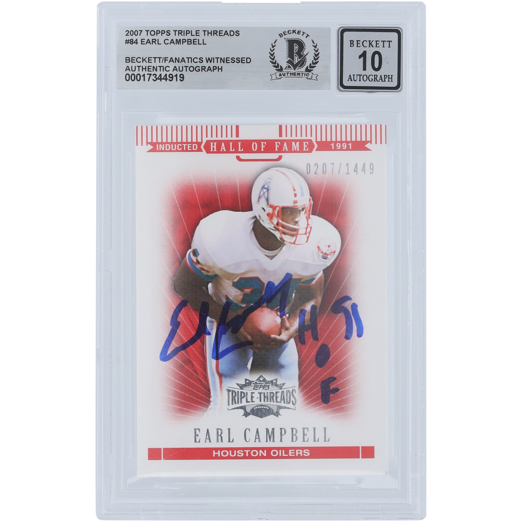 Earl Campbell Houston Oilers Autographed 2007 Topps Triple Threads #84 #/1449 Beckett Fanatics Witnessed Authenticated 10 Card