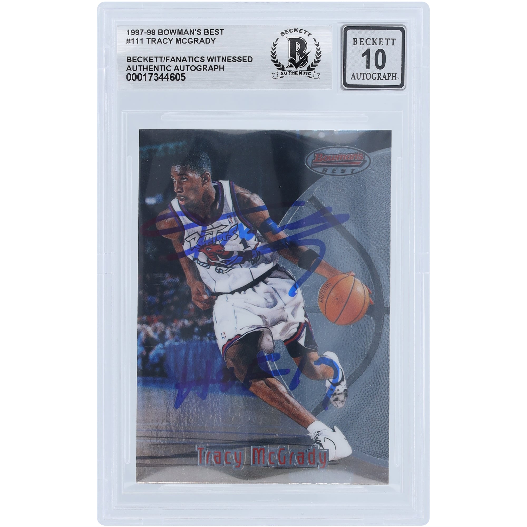 Tracy McGrady Toronto Raptors a autographié la carte de recrue numéro 111 Beckett de Bowman's Best 1997-98 authentifiée par les fanatiques de Beckett avec l'inscription « HOF 17 »