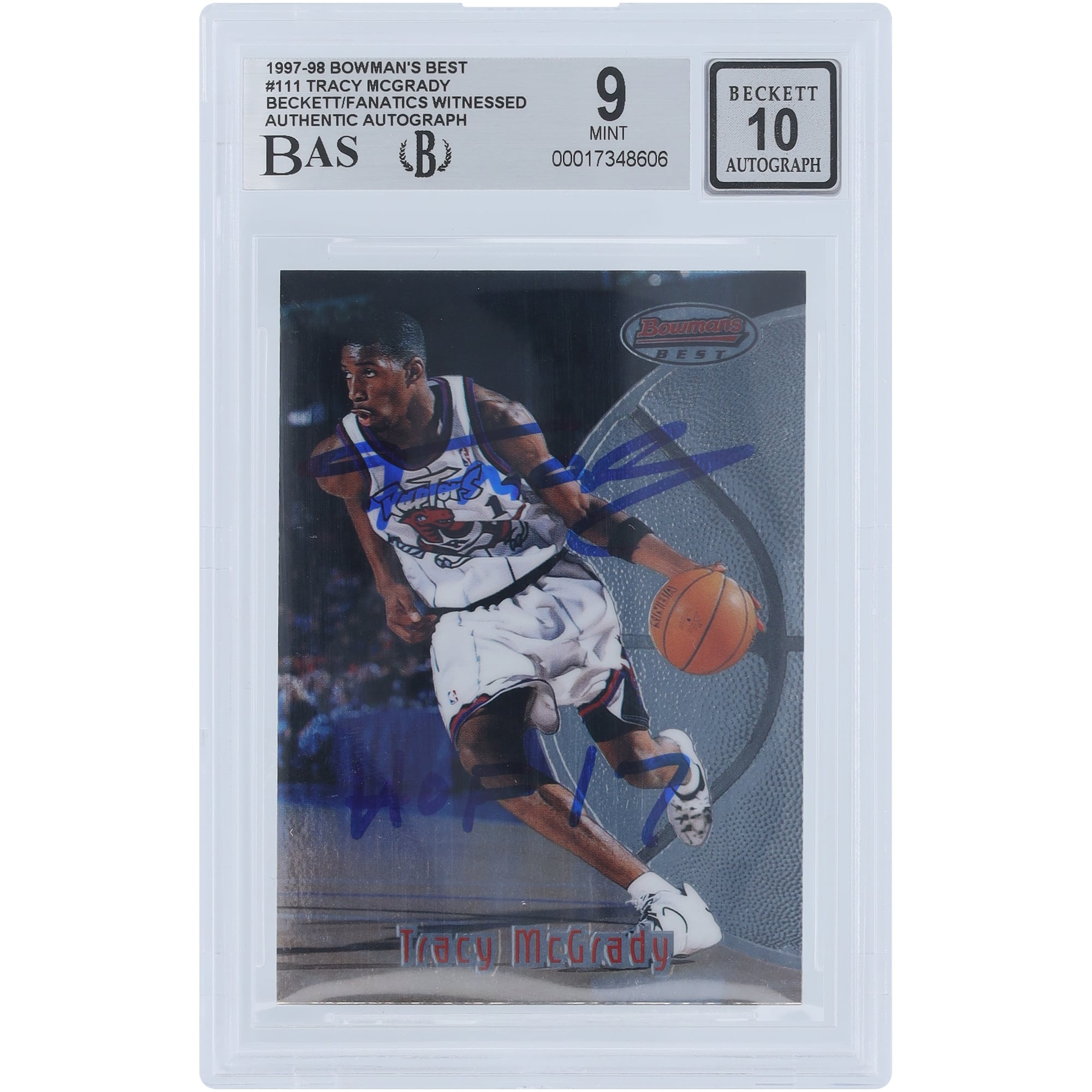 Tracy McGrady Toronto Raptors a autographié la carte de recrue 9/10 authentifiée Bowman's Best #111 Beckett de 1997-98 avec l'inscription « HOF 17 » et a été témoin de fanatiques