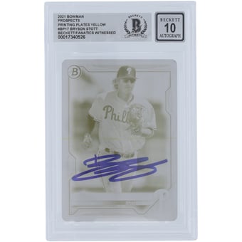 Bryson Stott Philadelphia Phillies Autographed 2021 Bowman Prospects Yellow Printing Plate #BP-17 #1/1 Beckett Fanatics Witnessed Authenticated 10 Card