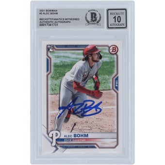Alec Bohm Philadelphia Phillies Autographed 2021 Bowman #2 Beckett Fanatics Witnessed Authenticated 10 Rookie Card