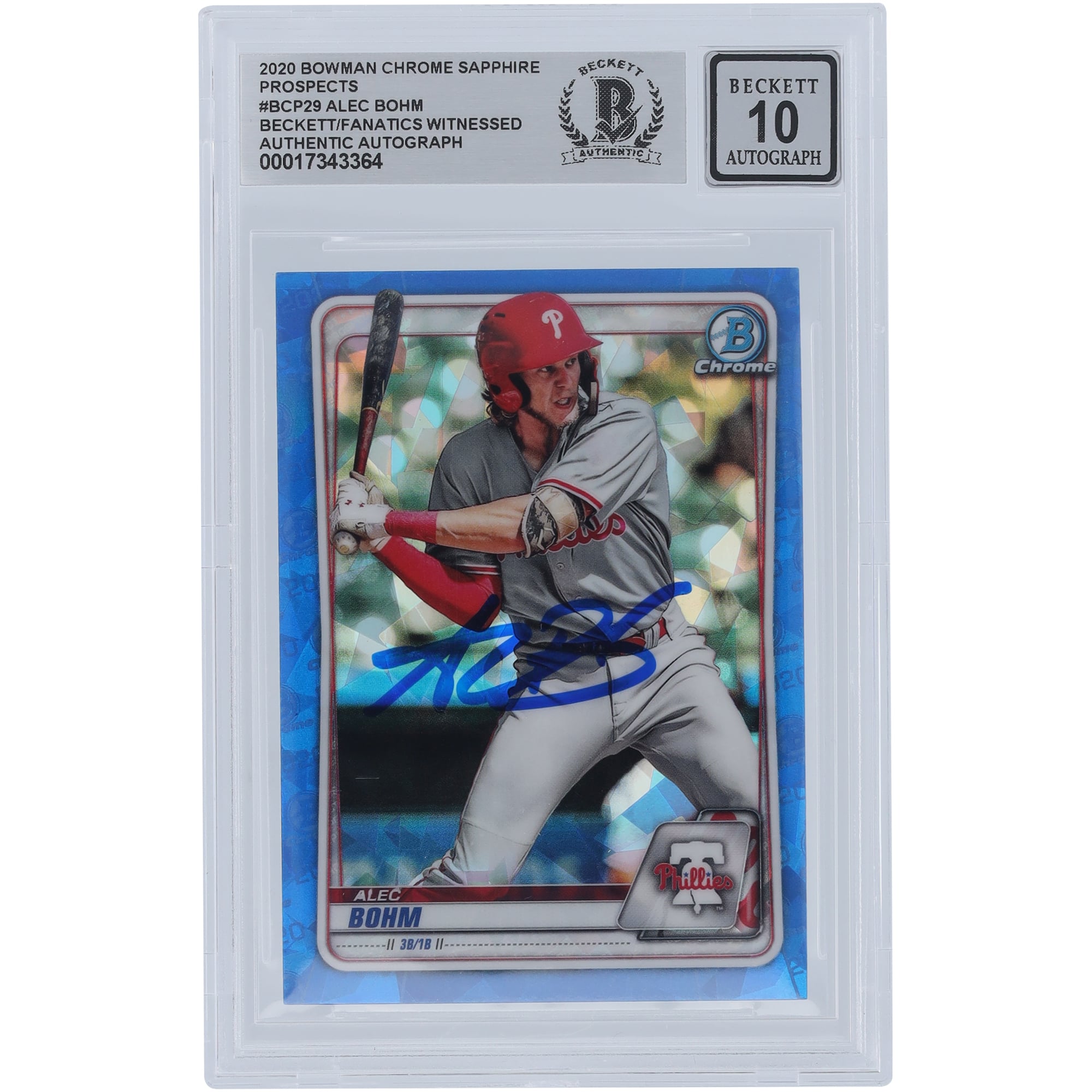 Alec Bohm Philadelphia Phillies Autographed 2020 Bowman Chrome Sapphire Prospects #BCP-29 Beckett Fanatics Witnessed Authenticated 10 Card