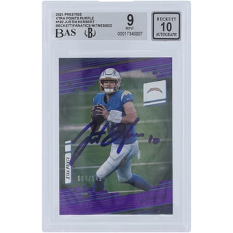 Justin Herbert Los Angeles Chargers Autographed 2021 Panini Prestige Xtra Points Purple #192 #/149 Beckett Fanatics Witnessed Authenticated 9/10 Card