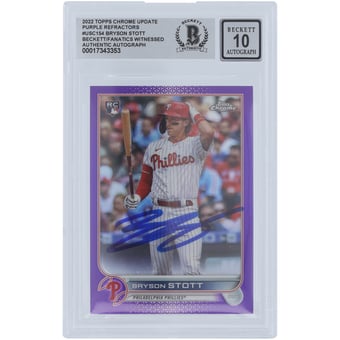Bryson Stott Philadelphia Phillies Autographed 2022 Topps Chrome Update Purple Refractor #USC154 Beckett Fanatics Witnessed Authenticated 10 Rookie Card