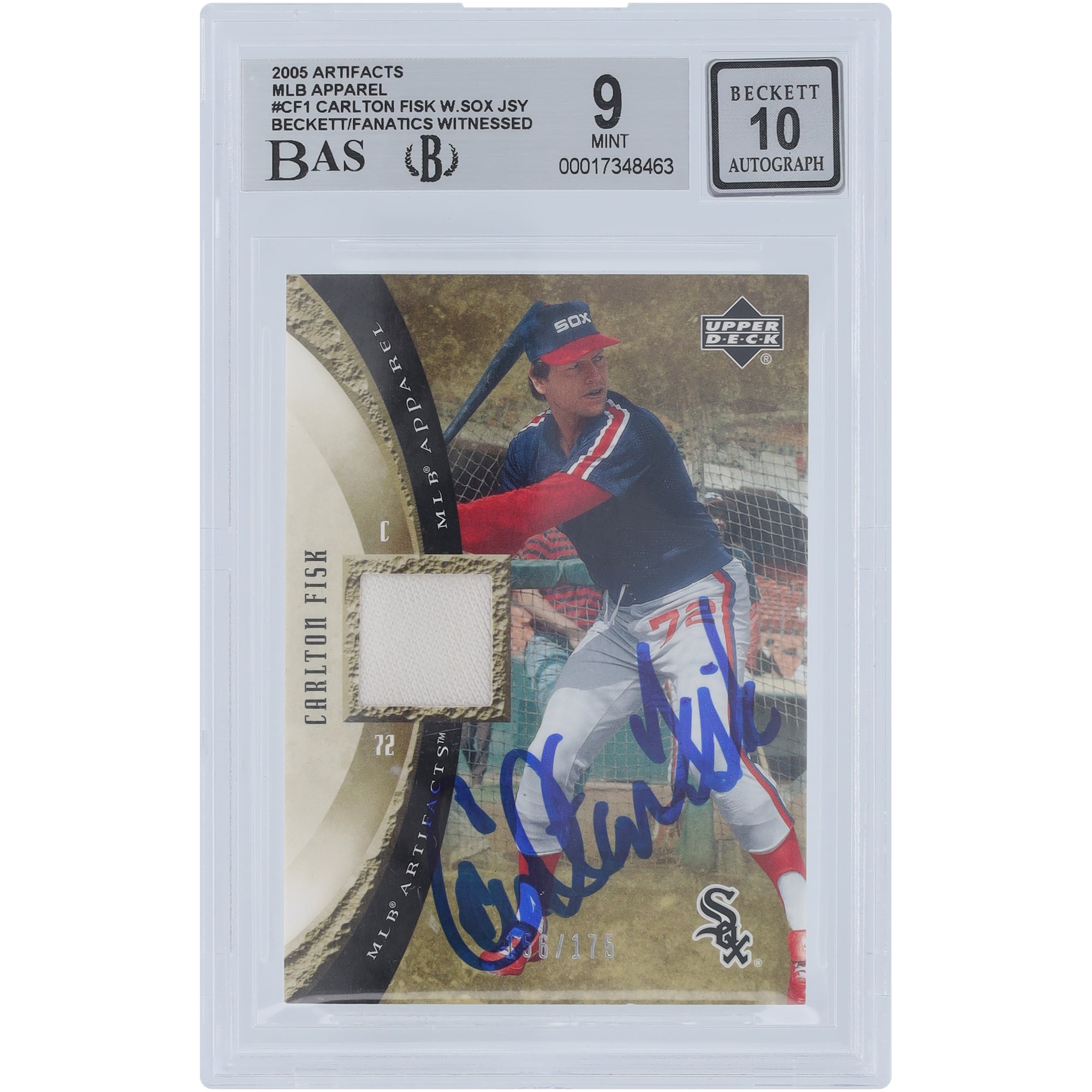 Carlton Fisk Chicago White Sox Autographed 2005 Upper Deck Artifacts MLB Apparel Relic #MLB-CF1 #156/175 Beckett Fanatics Witnessed Authenticated 9 Card. rookie card picture