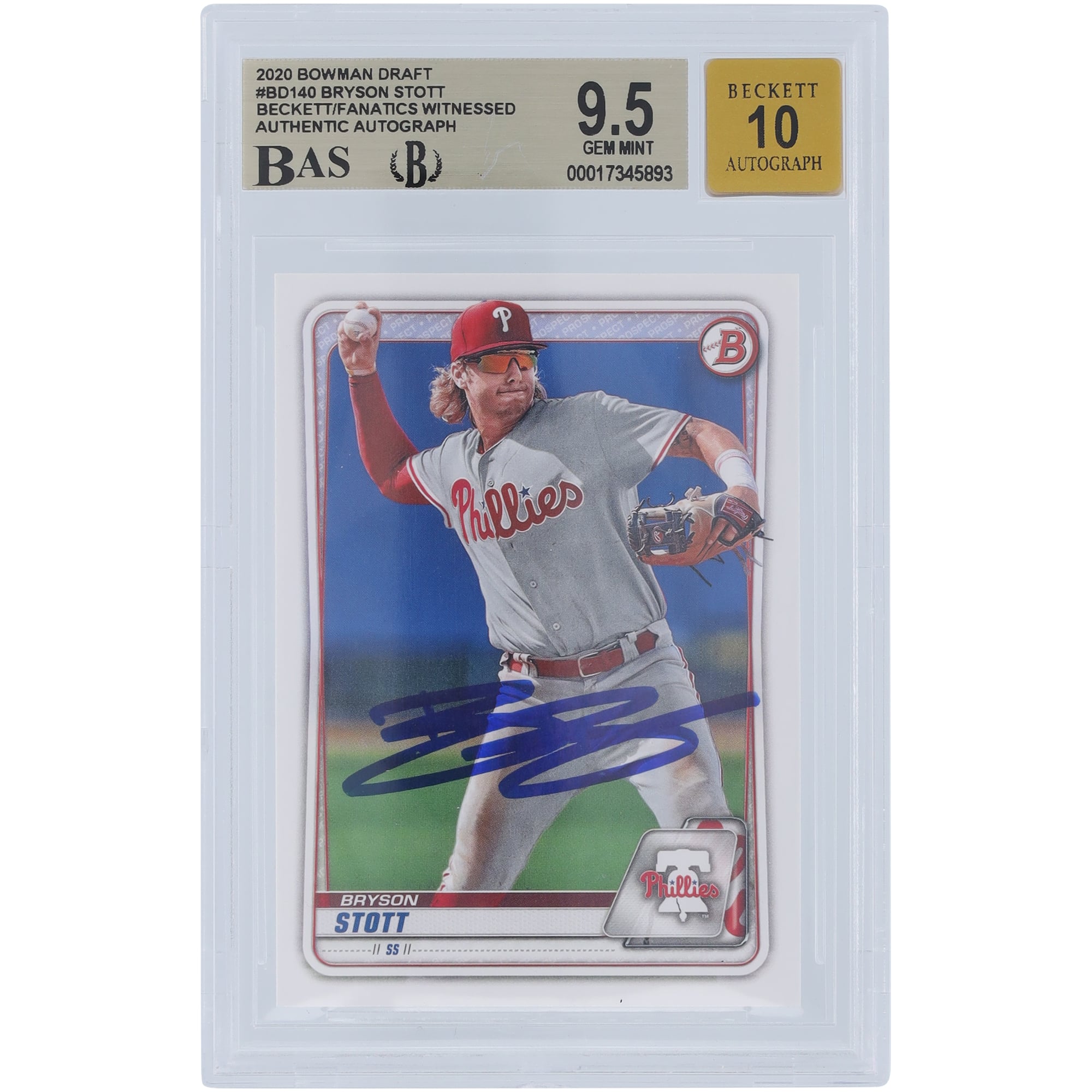 Bryson Stott Philadelphia Phillies Autographed 2020 Bowman Draft #BD-140 Beckett Fanatics Witnessed Authenticated 9.5/10 Card
