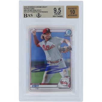 Bryson Stott Philadelphia Phillies Autographed 2020 Bowman Draft Refractors #BD-140 Beckett Fanatics Witnessed Authenticated 9.5/10 Card