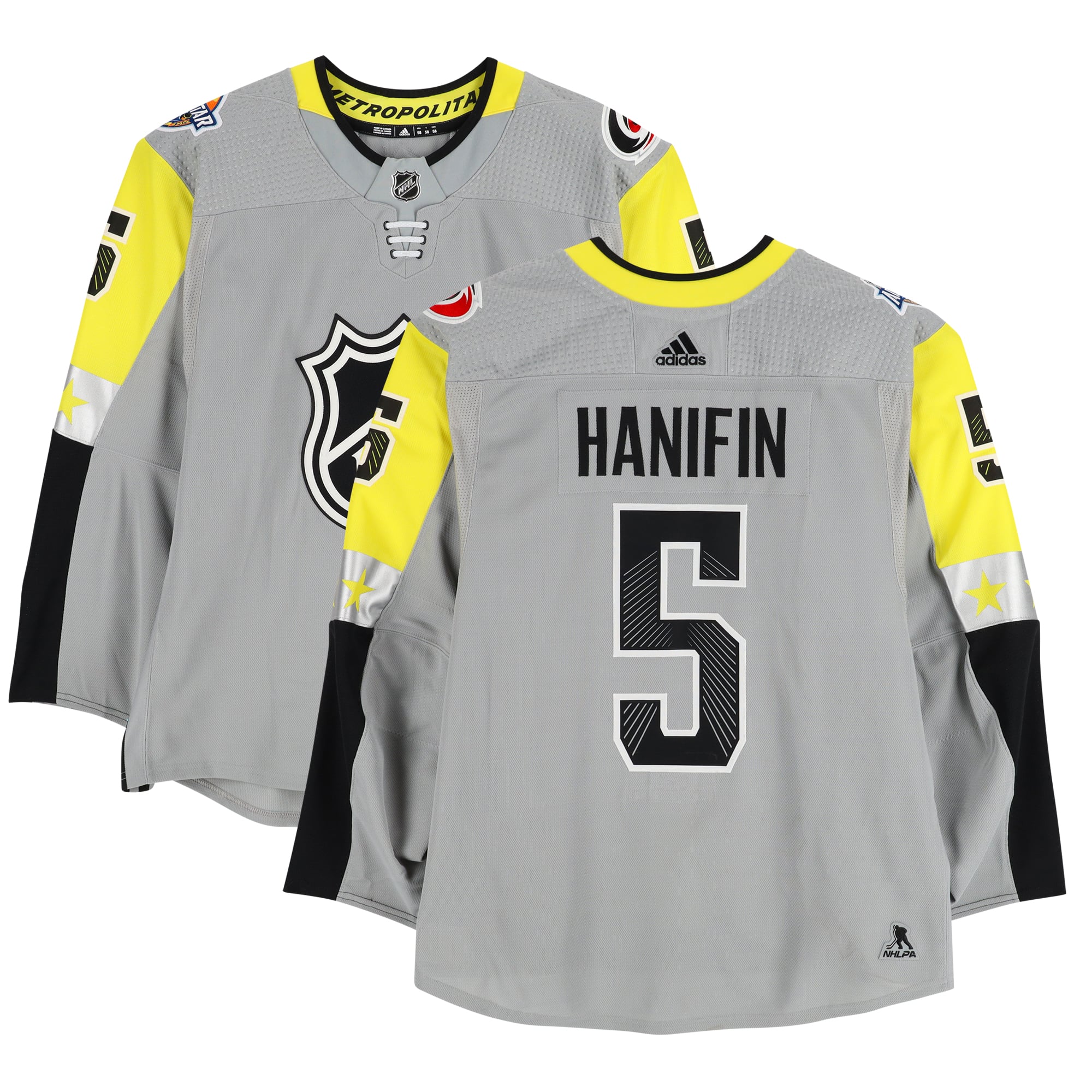 Noah Hanifin Metro Division Game-Used #5 Gray Jersey from the 2018 NHL All-Star Game