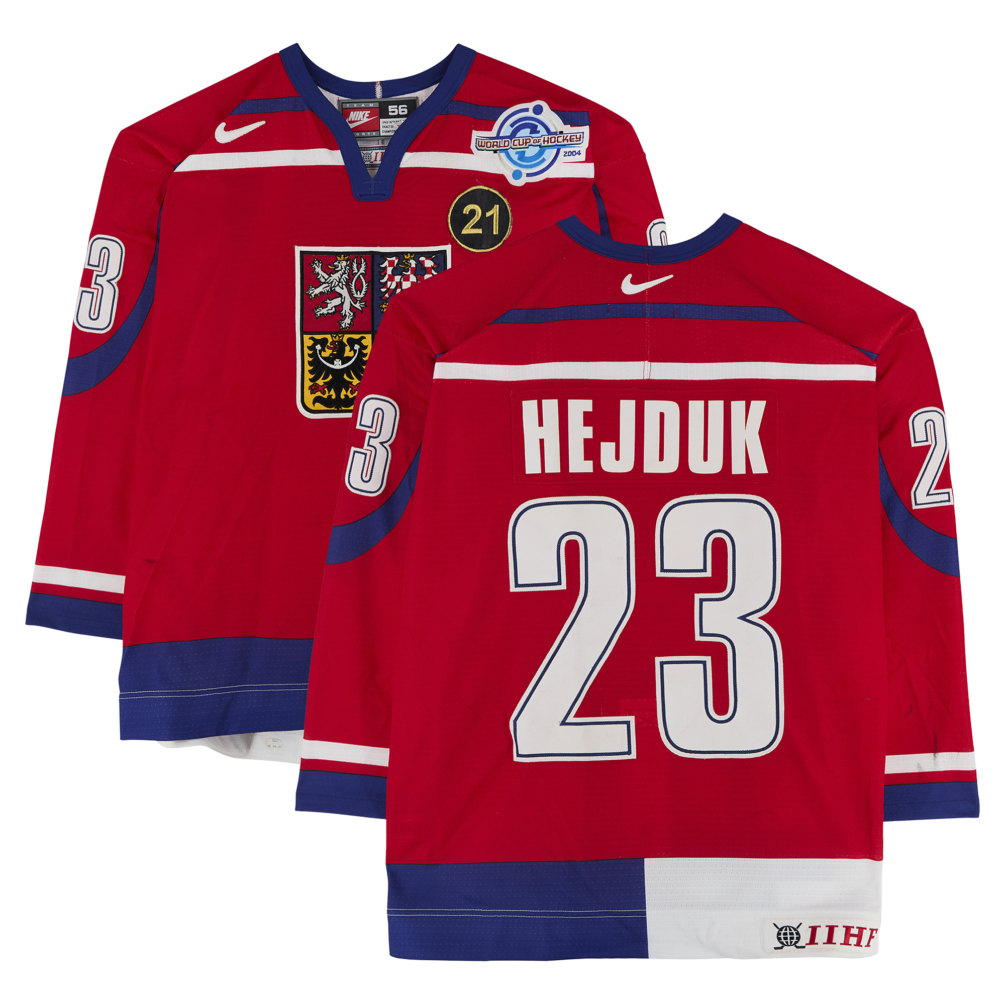 Milan Hejduk Team Czech Republic Game-Used #23 Red Nike Jersey vs. Team Germany on September 3 during the 2004 World Cup of Hockey