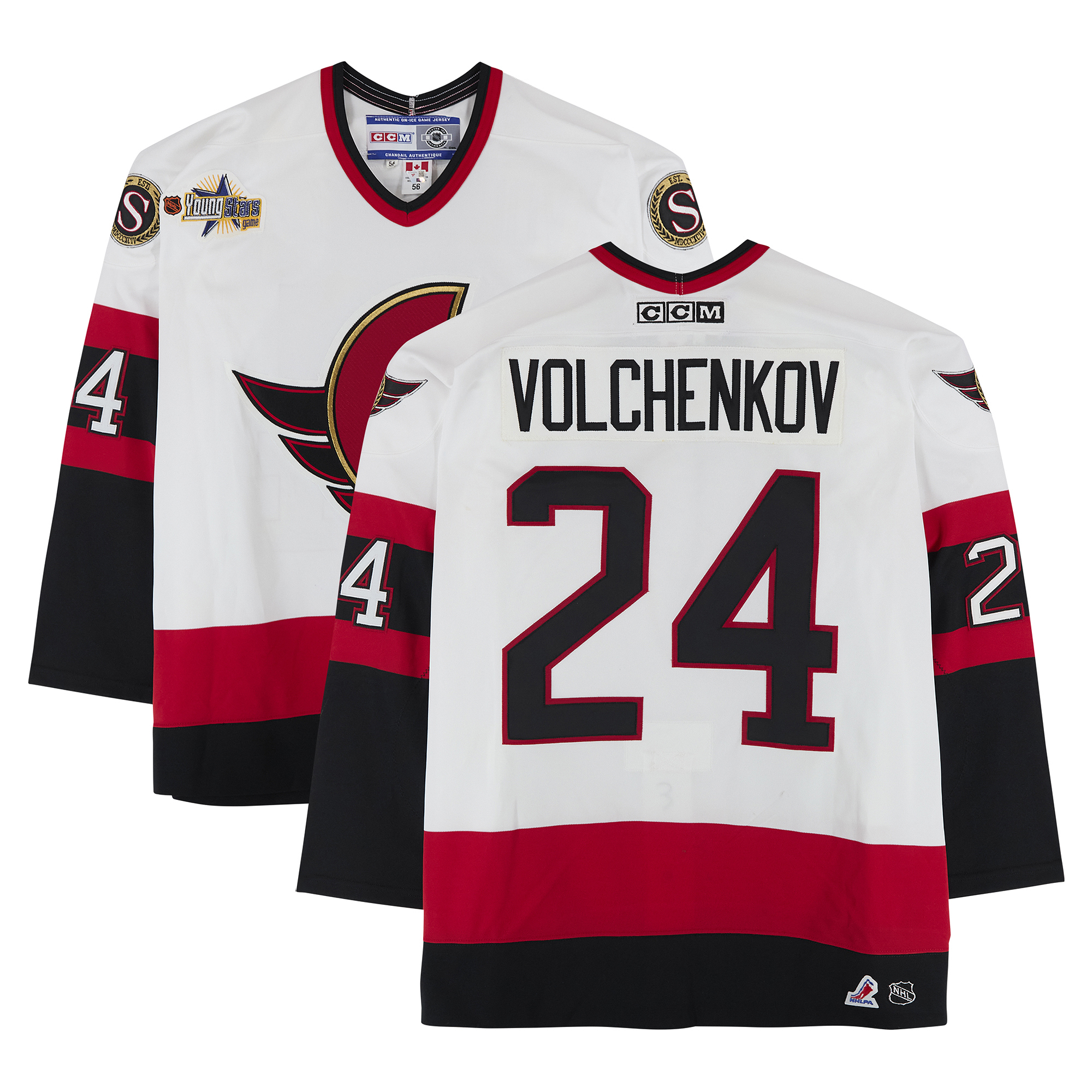 Anton Volchenkov Ottawa Senators Game-Used #24 White CCM Jersey from the 2003 NHL YoungStars Game