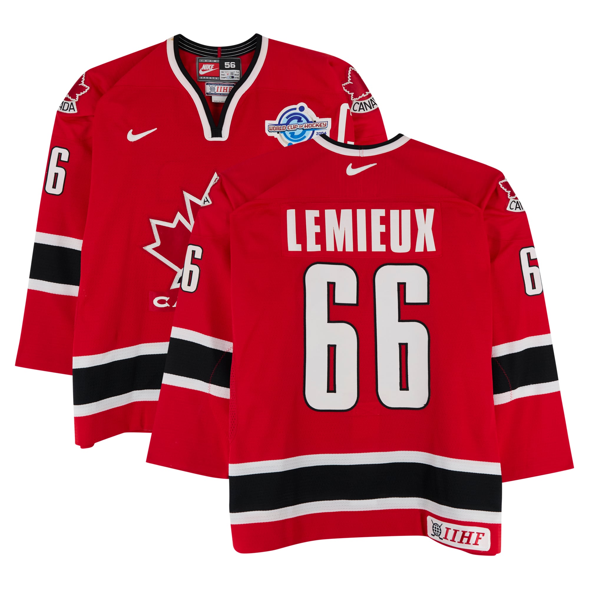 Mario Lemieux Team Canada Game-Used #66 Red Nike Jersey vs. Team Russia on September 4 during the 2004 World Cup of Hockey