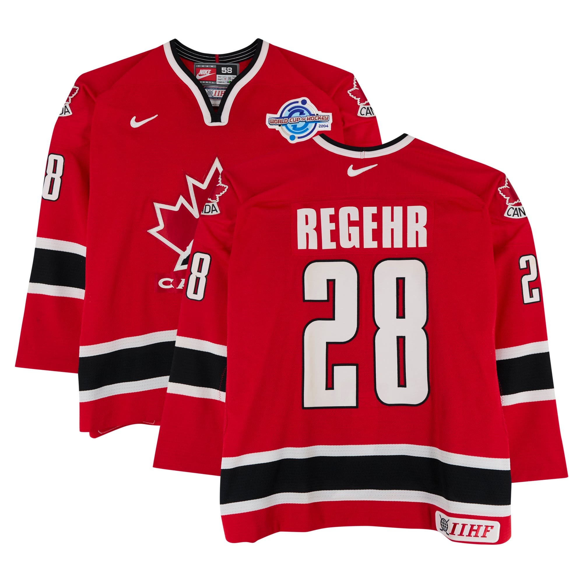 Robyn Regehr Team Canada Game-Used #28 Red Nike Jersey vs. Team Russia on September 4 during the 2004 World Cup of Hockey