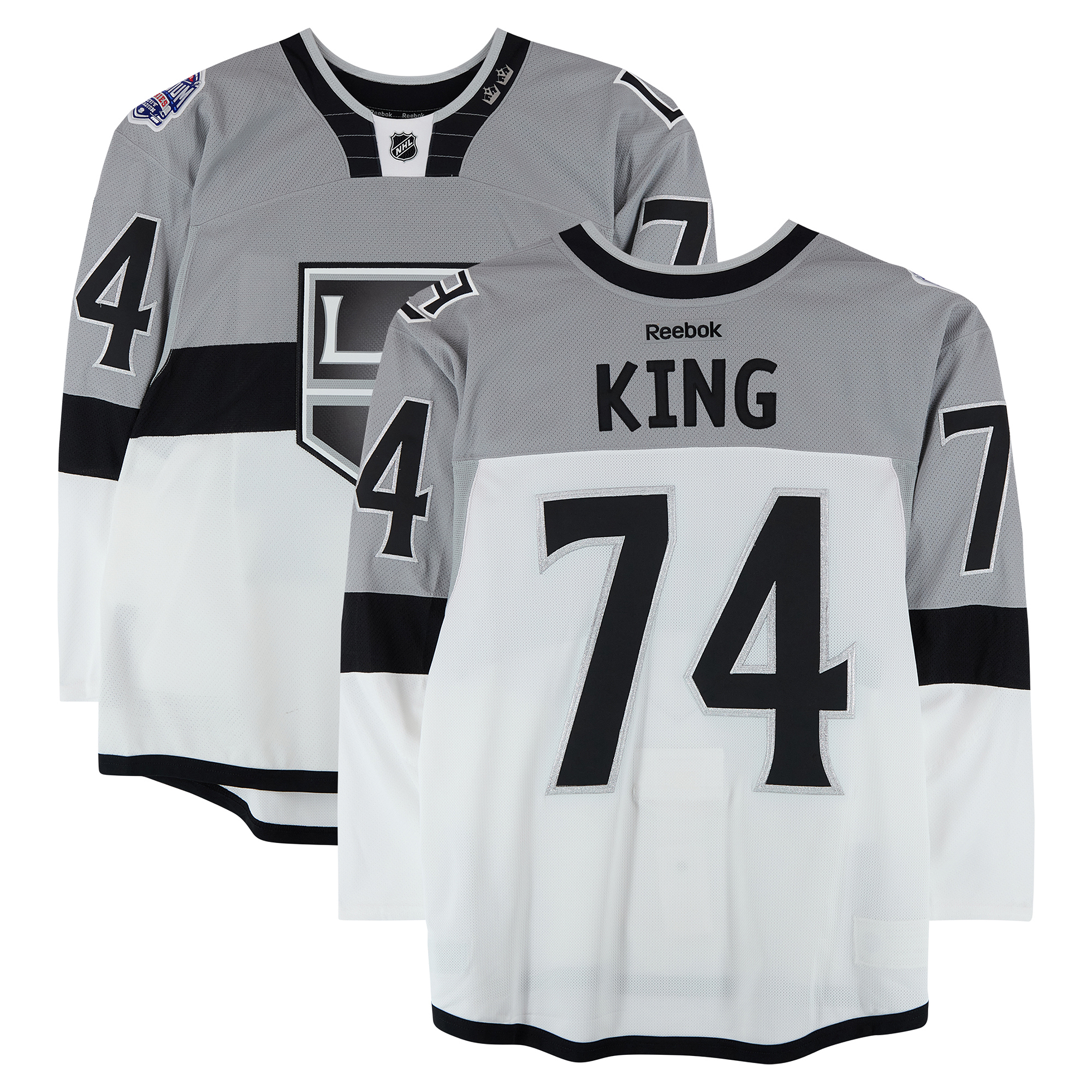 Dwight King Los Angeles Kings Practice-Used #74 White Jersey vs. San Jose Sharks on February 21, 2015