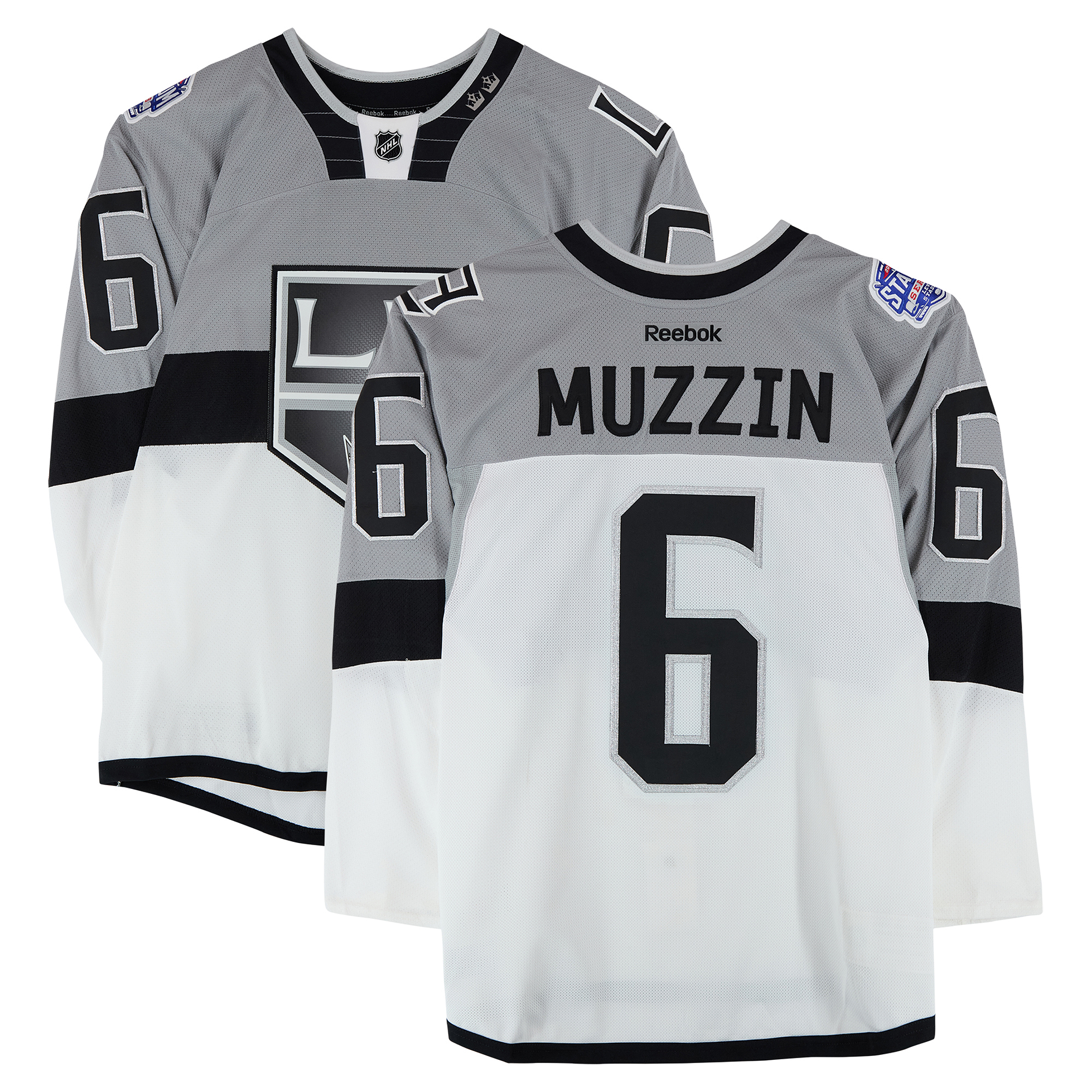 Jake Muzzin Los Angeles Kings Practice-Used #6 White Jersey vs. San Jose Sharks on February 21, 2015