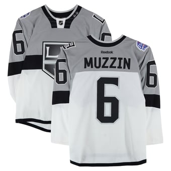 Jake Muzzin Los Angeles Kings Practice-Used #6 White Jersey vs. San Jose Sharks on February 21, 2015