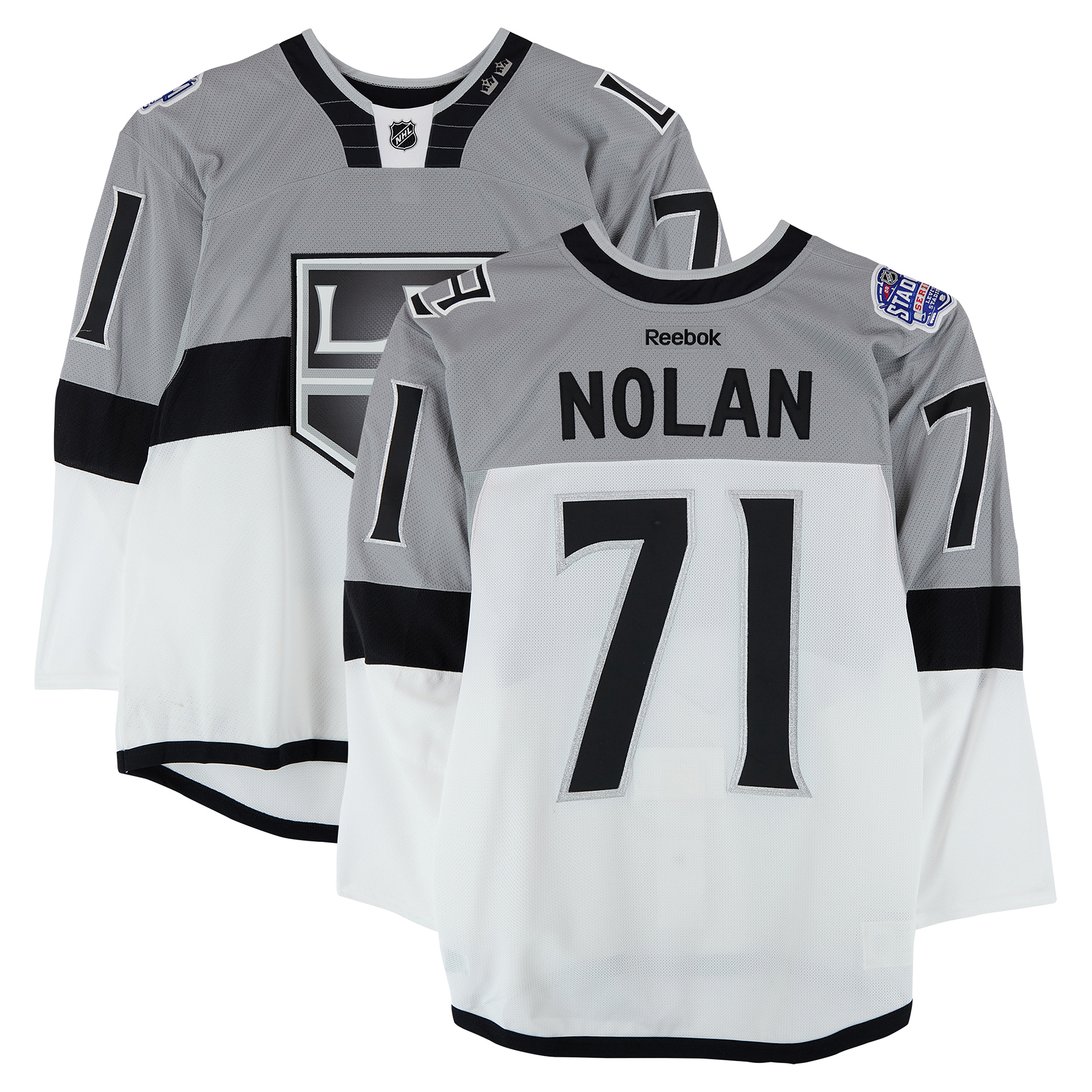 Jordan Nolan Los Angeles Kings Practice-Used #71 White Jersey vs. San Jose Sharks on February 21, 2015