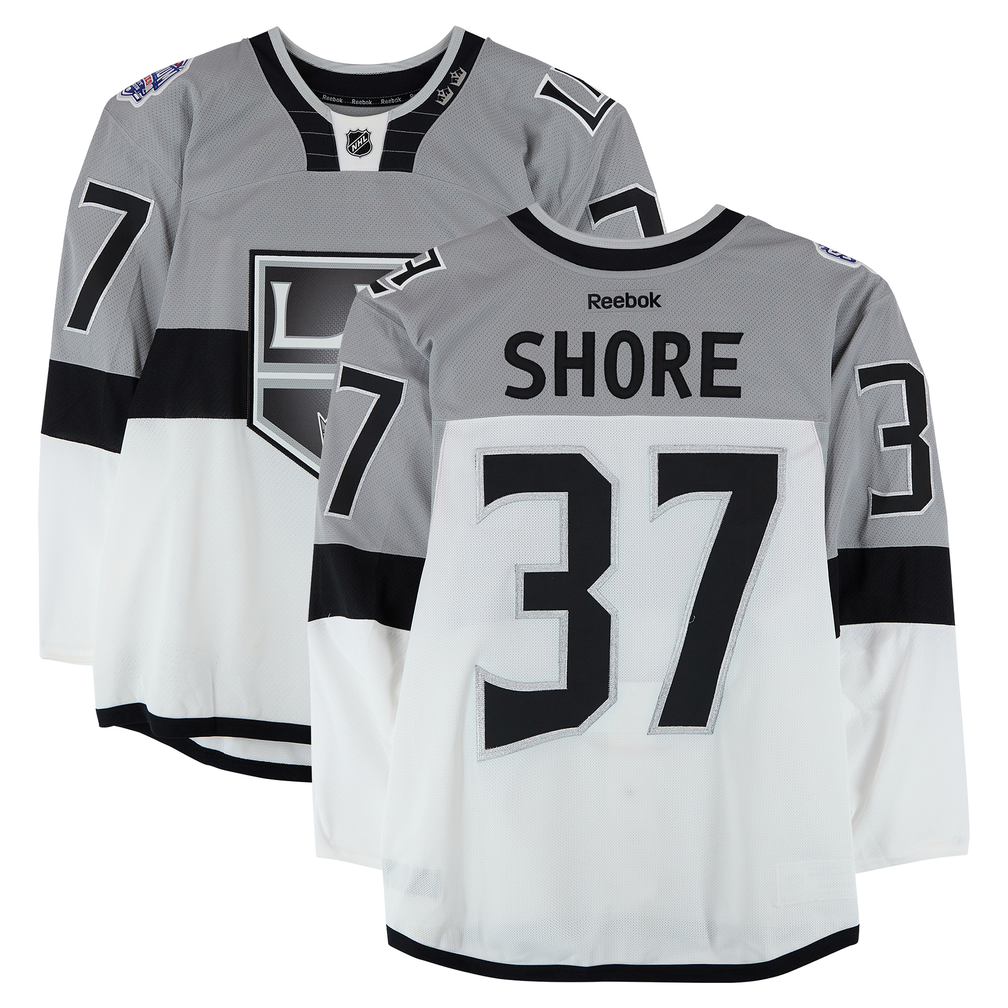 Nick Shore Los Angeles Kings Practice-Used #37 White Jersey vs. San Jose Sharks on February 21, 2015