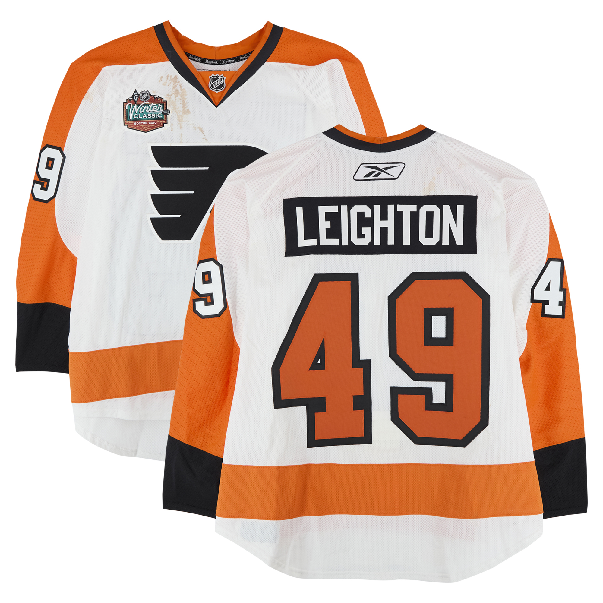 Michael Leighton Philadelphia Flyers Practice-Used #49 White Jersey vs. Boston Bruins on January 1, 2010
