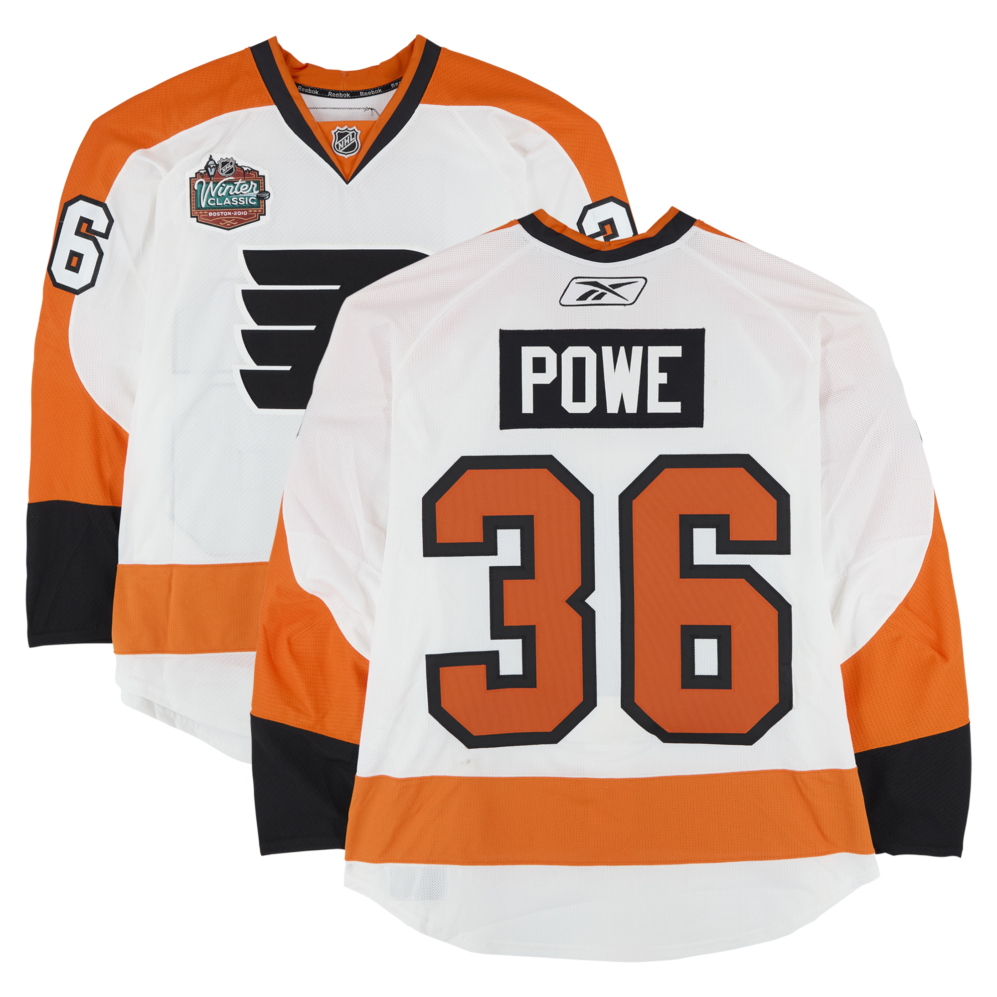 Darroll Powe Philadelphia Flyers Practice-Used #36 White Jersey vs. Boston Bruins on January 1, 2010