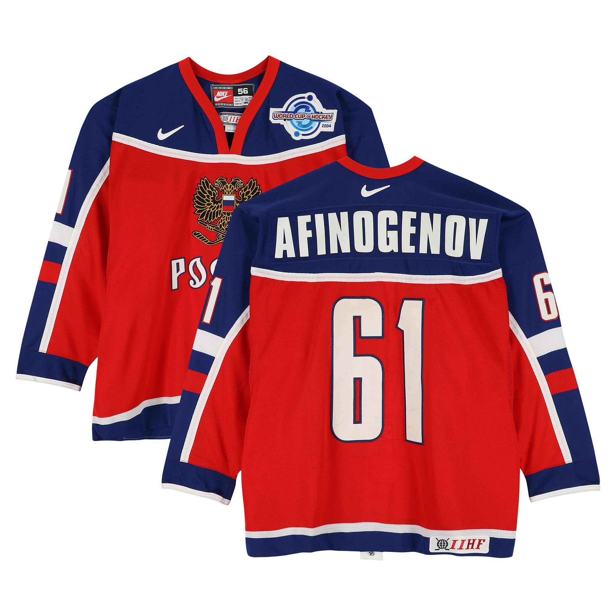 Maxim Afinogenov Team Russia Game-Used #61 Red Nike Jersey vs. Team Slovakia on September 5 during the 2004 World Cup of Hockey