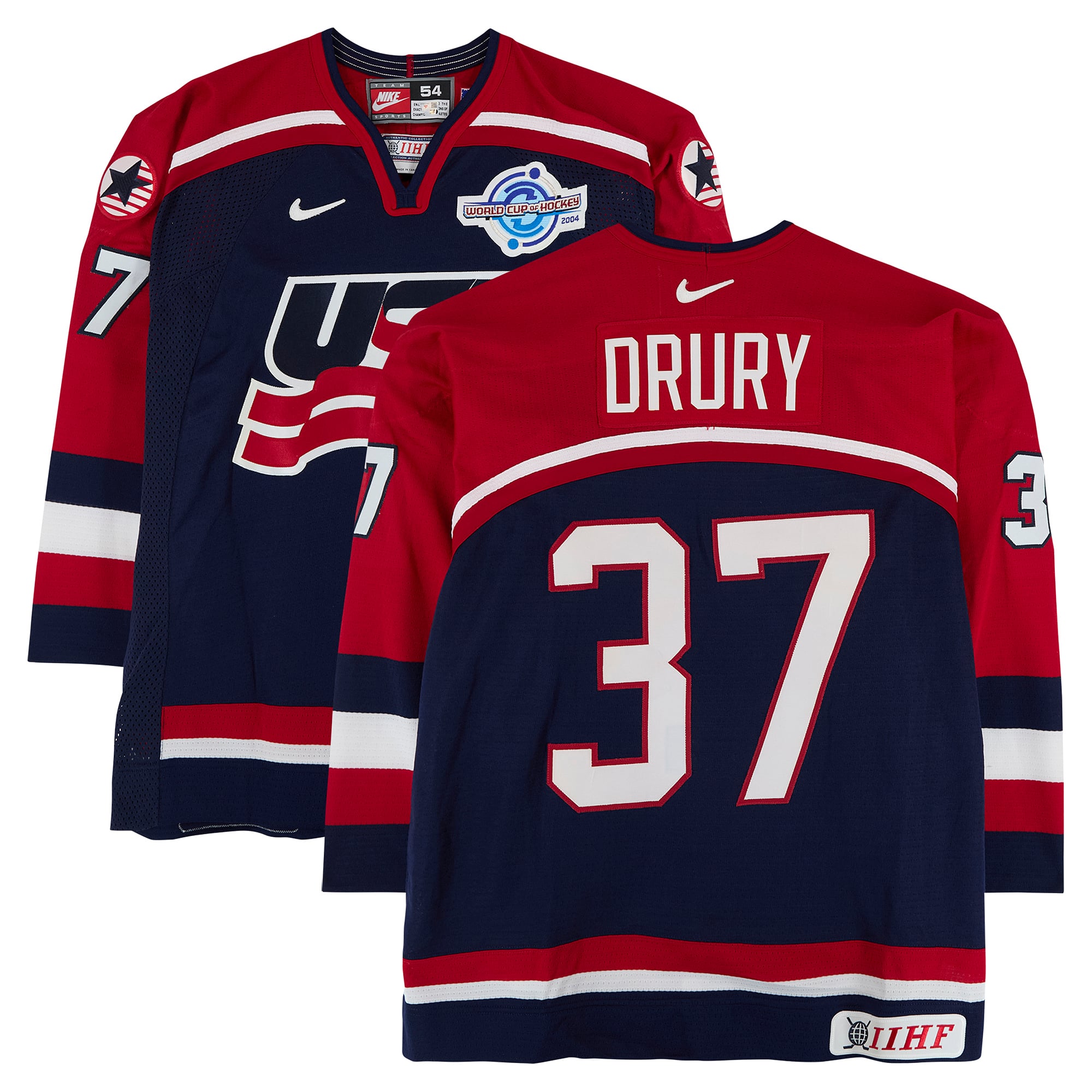 Chris Drury Team USA Game-Used #37 Navy Nike Jersey vs. Team Slovakia on September 3 during the 2004 World Cup of Hockey