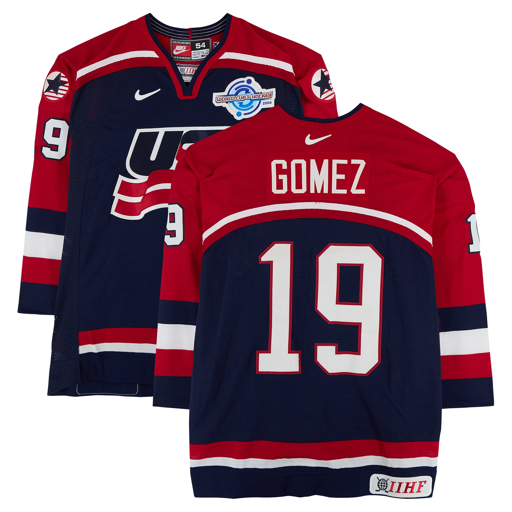 Scott Gomez Team USA Game-Used #19 Navy Nike Jersey vs. Team Slovakia on September 3 during the 2004 World Cup of Hockey