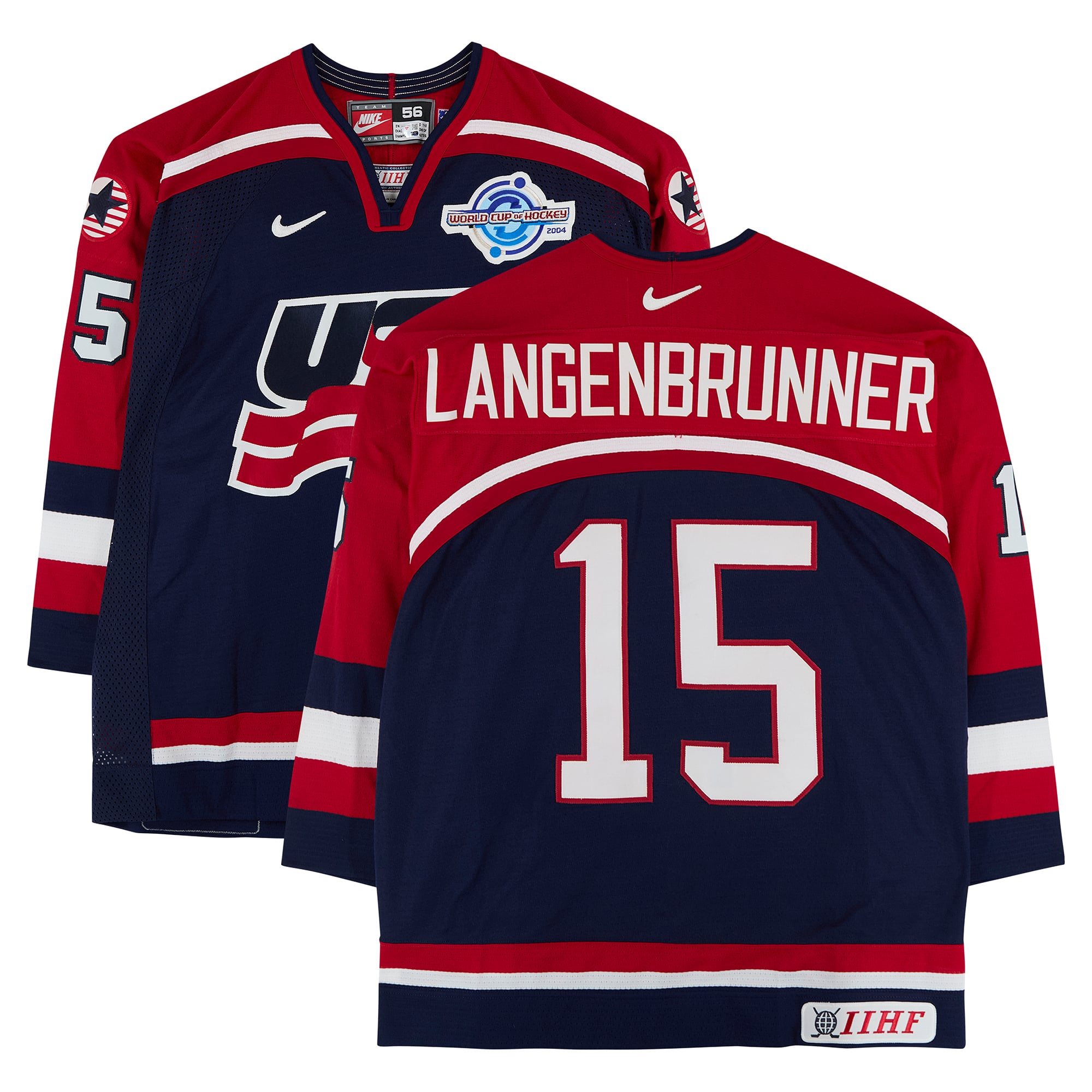 Jamie Langenbrunner Team USA Game-Used #15 Navy Nike Jersey vs. Team Slovakia on September 3 during the 2004 World Cup of Hockey