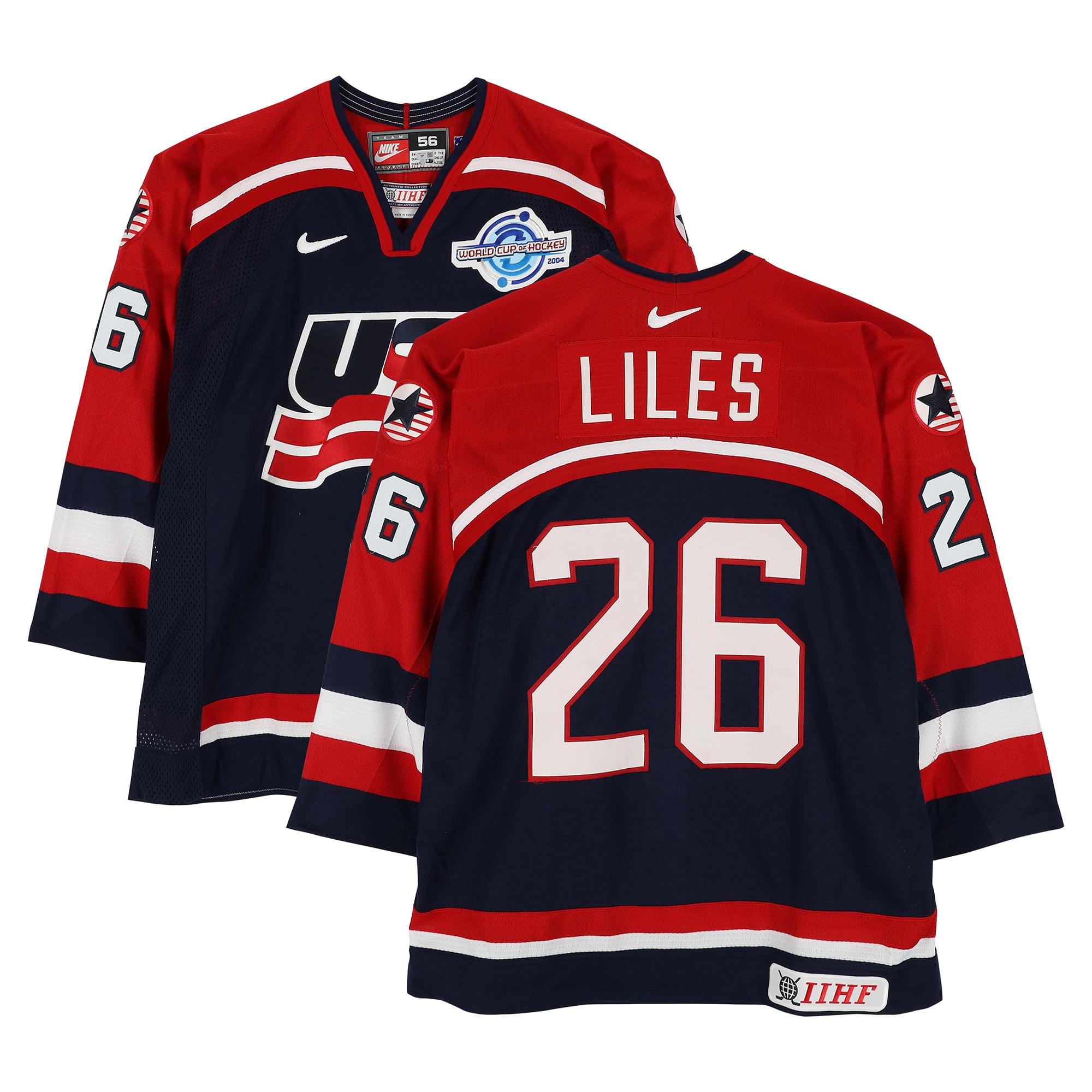 John-Michael Liles Team USA Game-Used #26 Navy Nike Jersey vs. Team Slovakia on September 3 during the 2004 World Cup of Hockey
